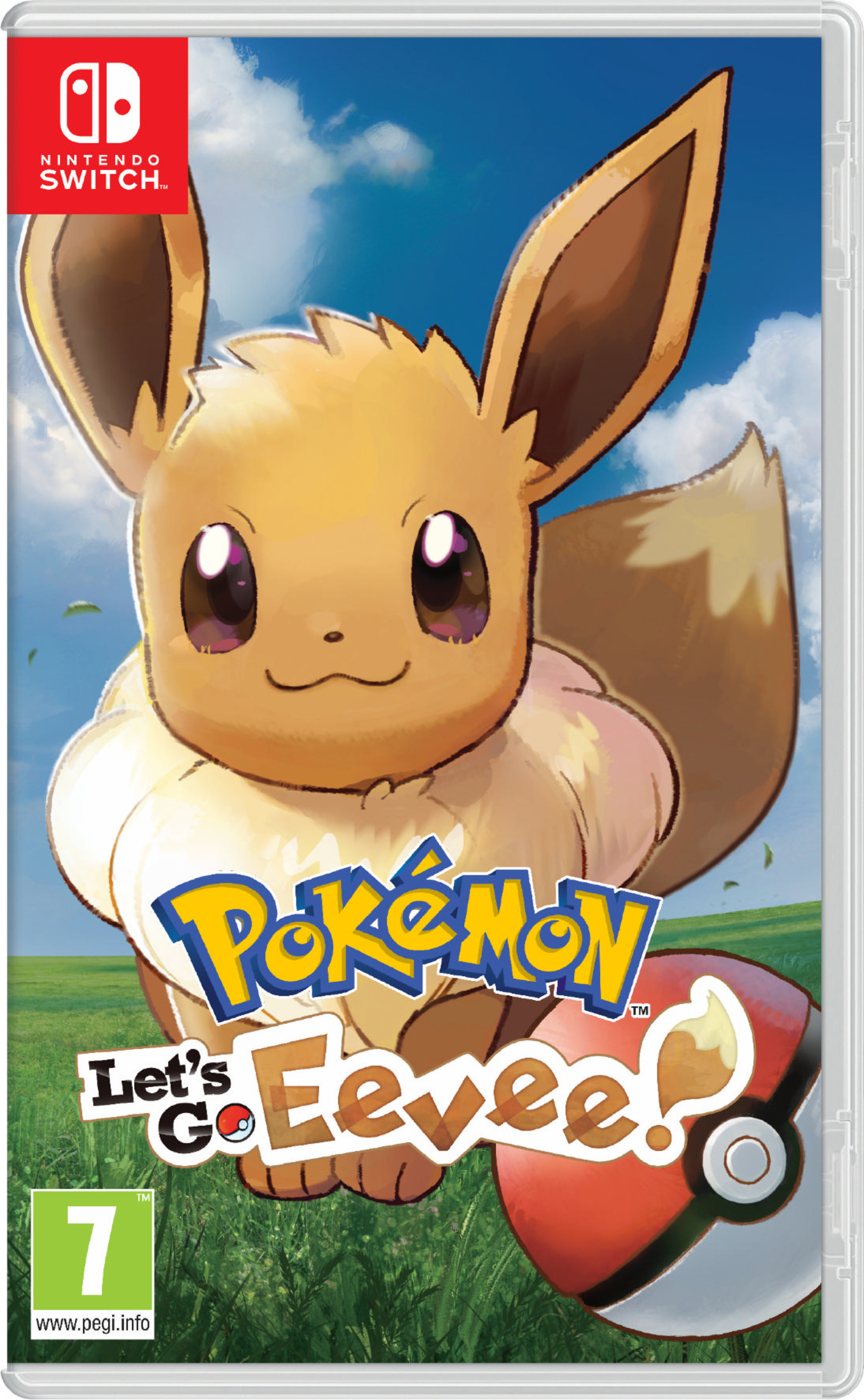 Un Eevee siede davanti a un Pokeball. Logo Nintendo Switch in alto.