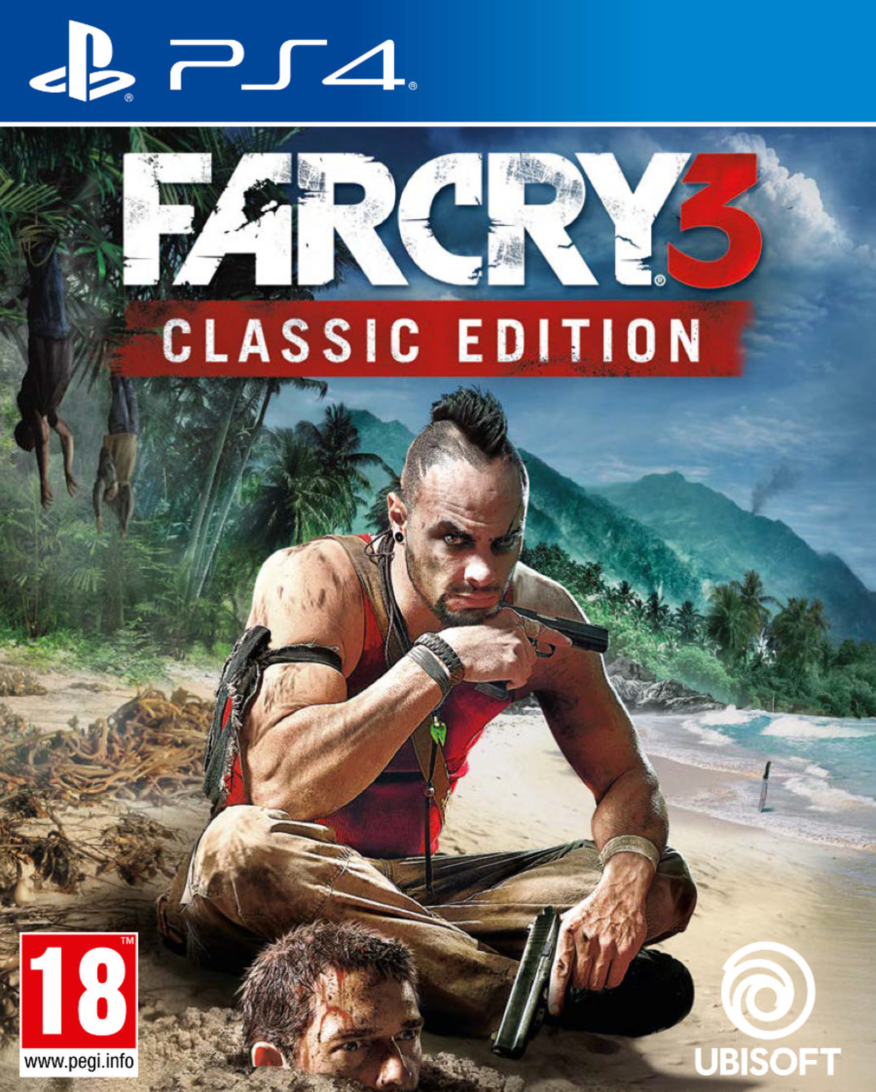 Okładka Far Cry 3 Classic Edition: Mężczyzna z pistoletem na plaży, dżungla w tle.