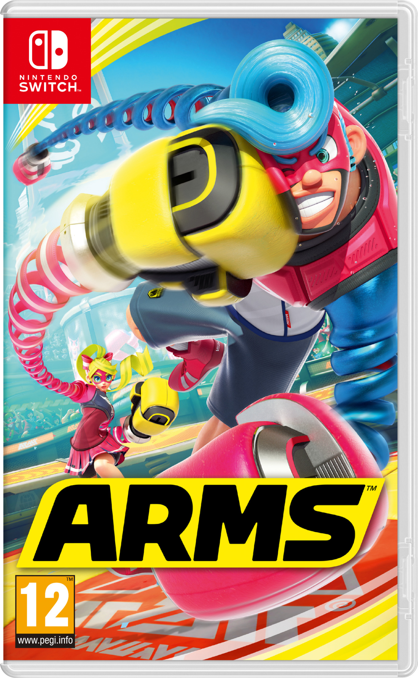 Postacie z gry ARMS w walce, z logo Nintendo Switch.