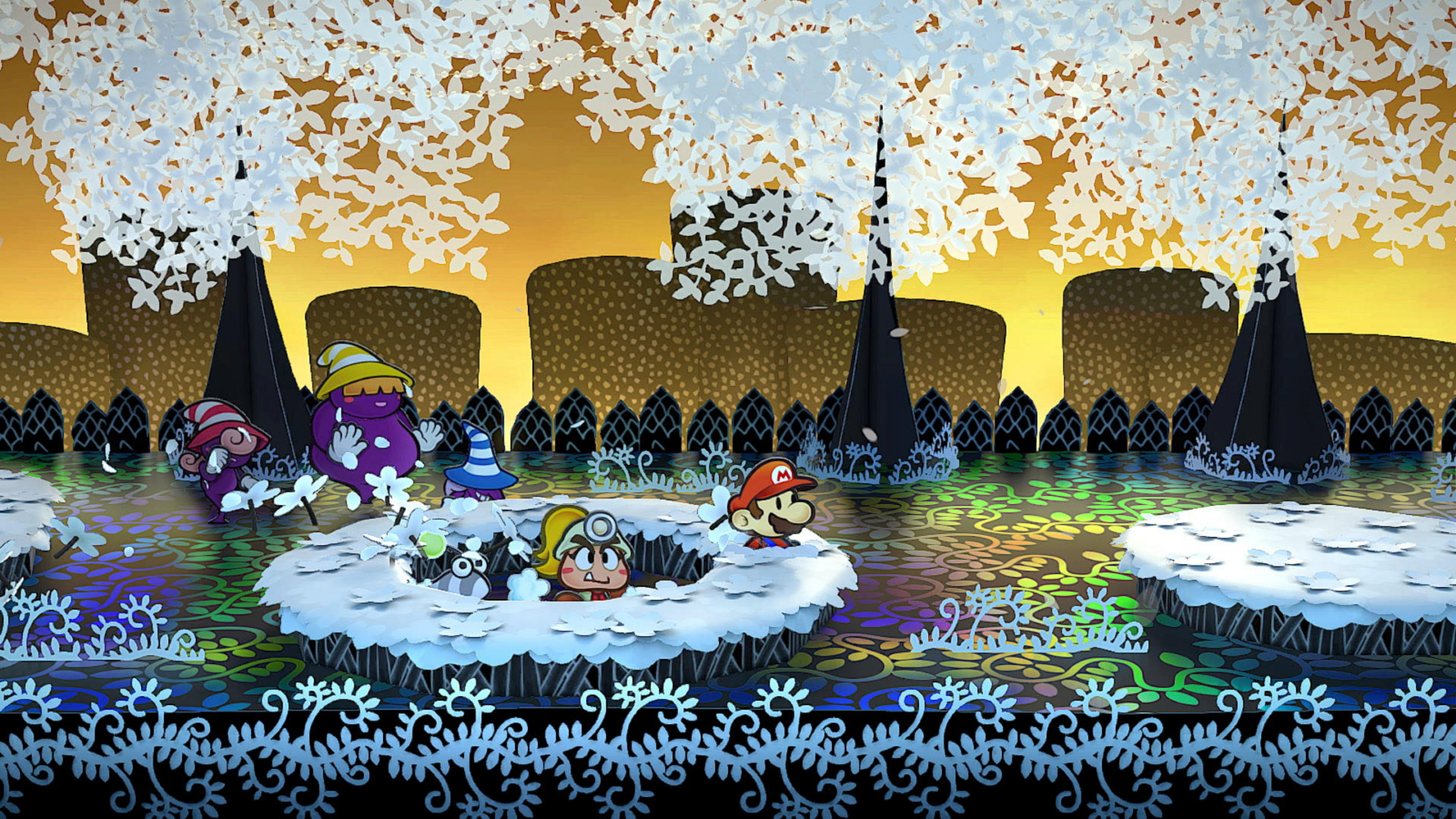Mario und Freunde auf einer verschneiten Papierwelt mit gelbem Himmel.