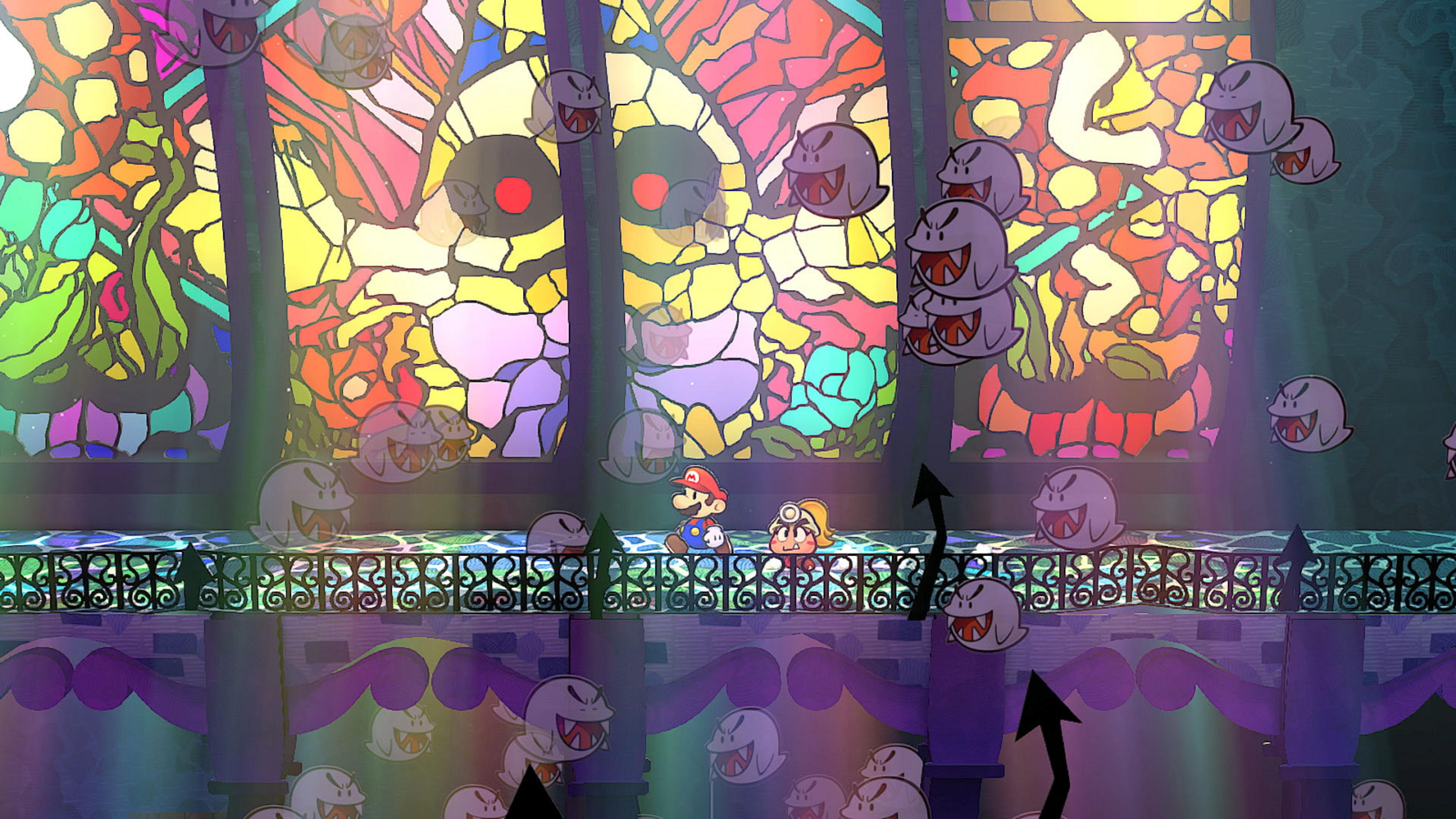Mario und Olivia stehen Boo-Geistern vor einem Buntglasfenster gegenüber.