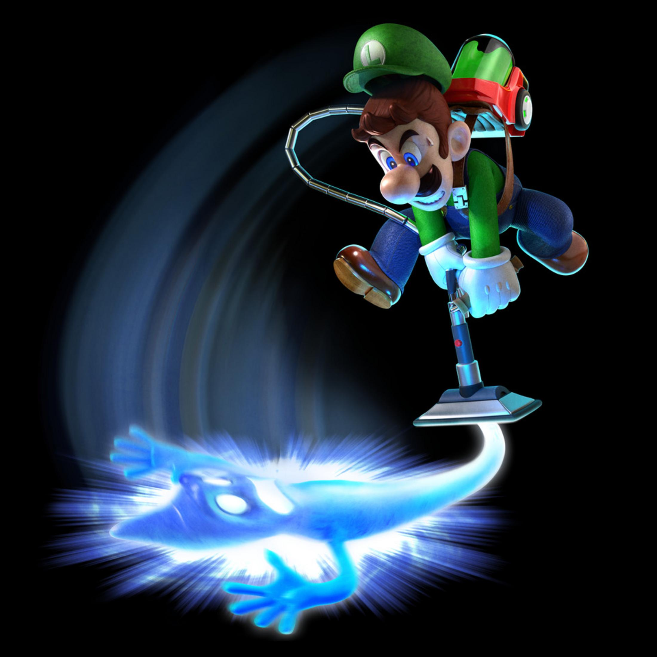 Luigi atrapa un fantasma azul con su aspiradora sobre fondo negro.
