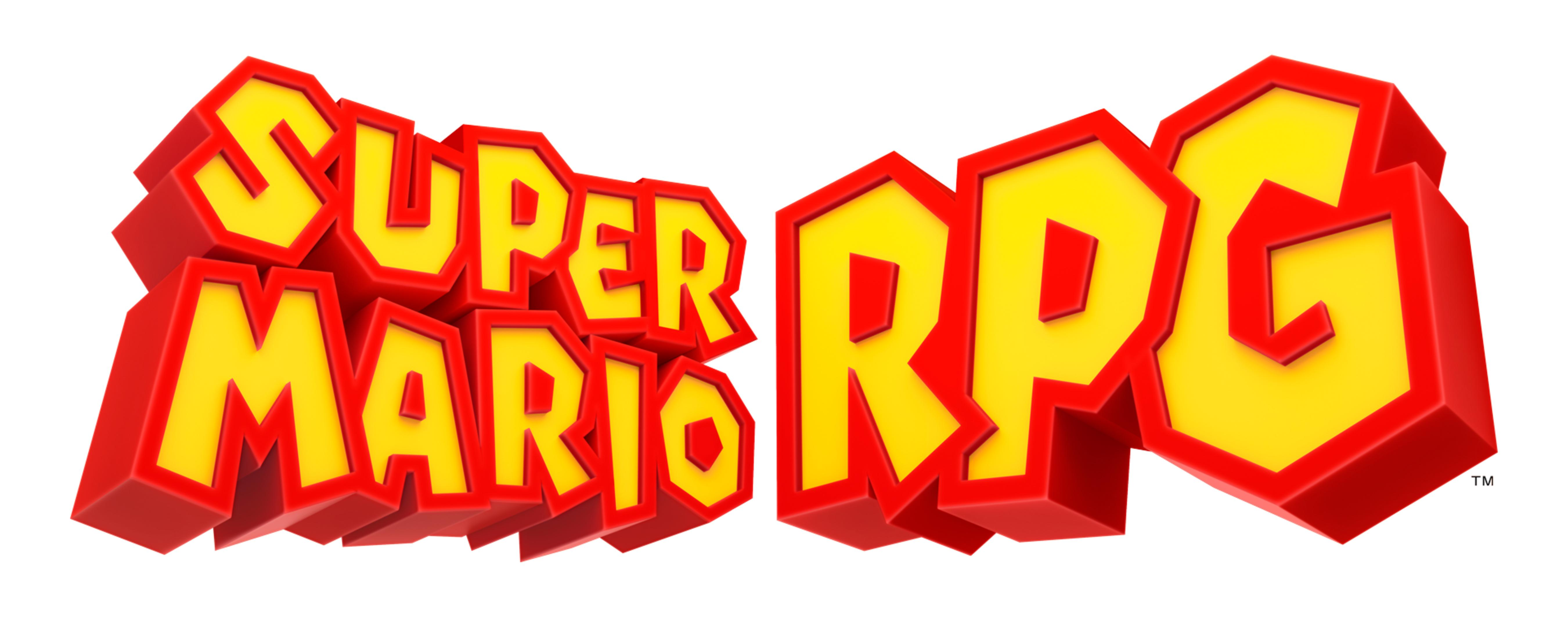 Il logo di Super Mario RPG in lettere 3D, contorno rosso, riempimento giallo.
