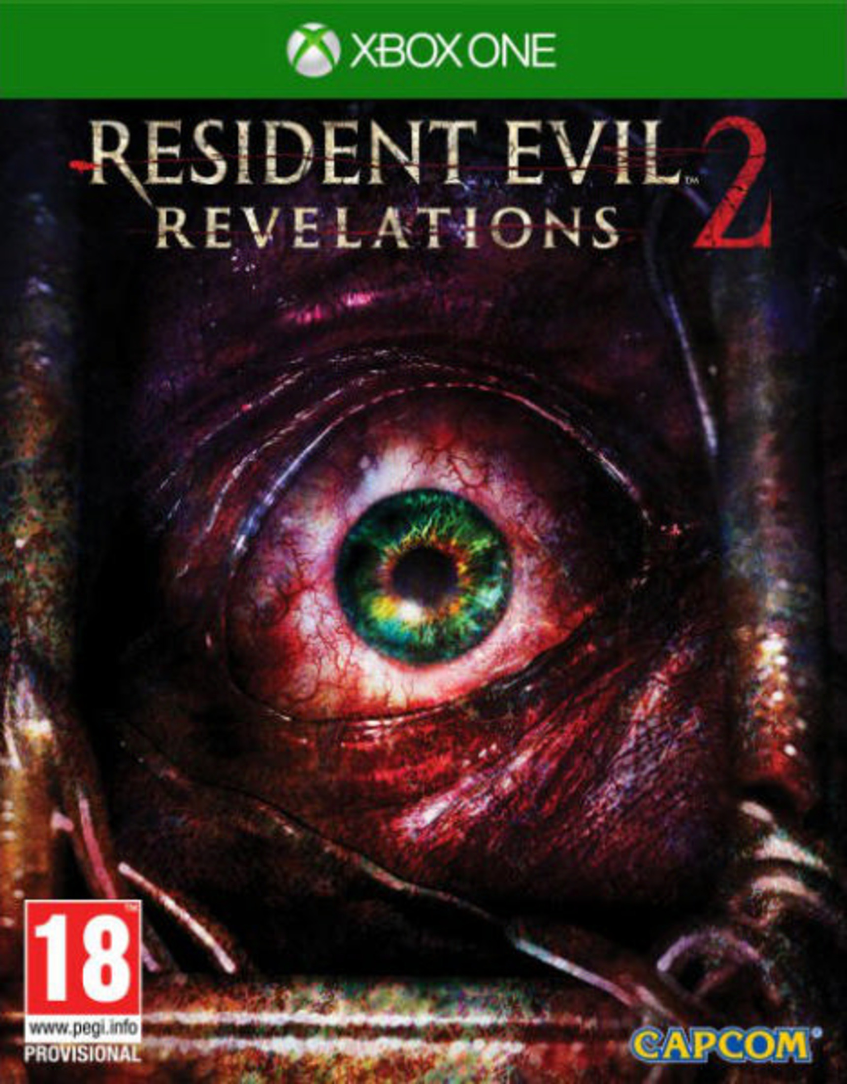 Okładka Resident Evil Revelations 2: Zbliżenie na przekrwione oko z zieloną tęczówką.