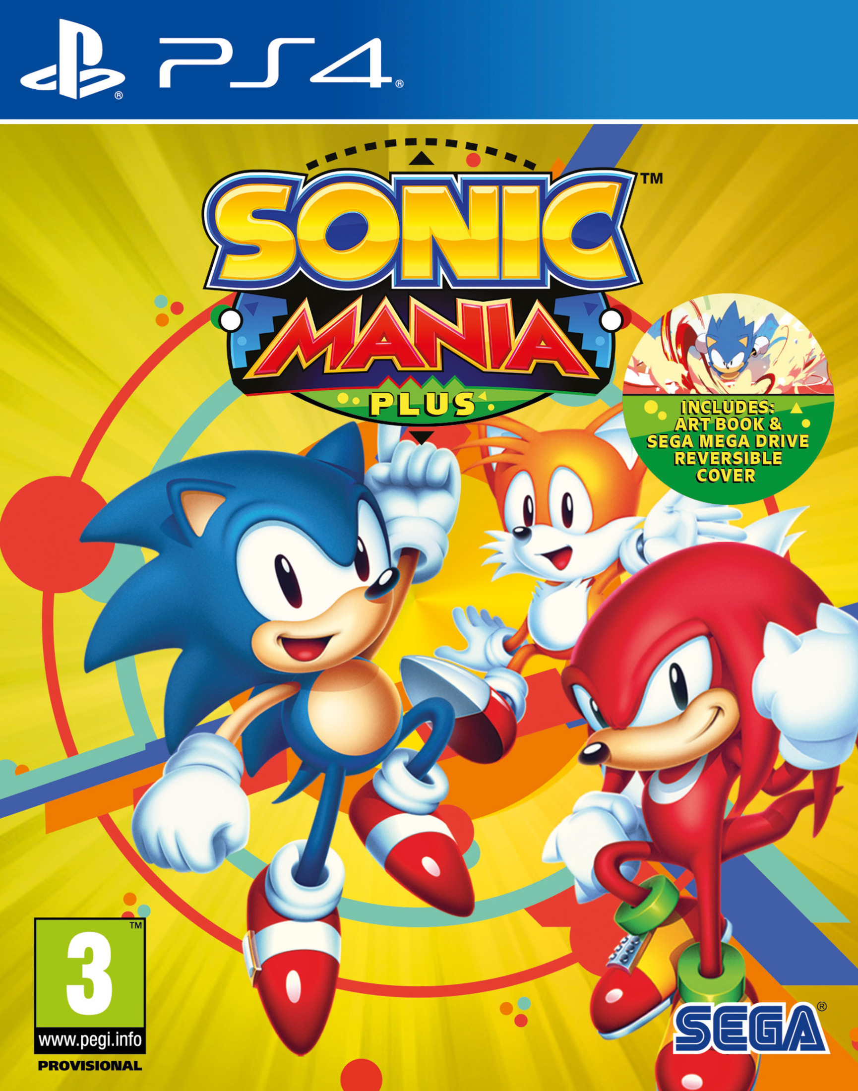 Okładka gry Sonic Mania Plus z Sonicem, Tailsem i Knucklesem na żółtym tle.