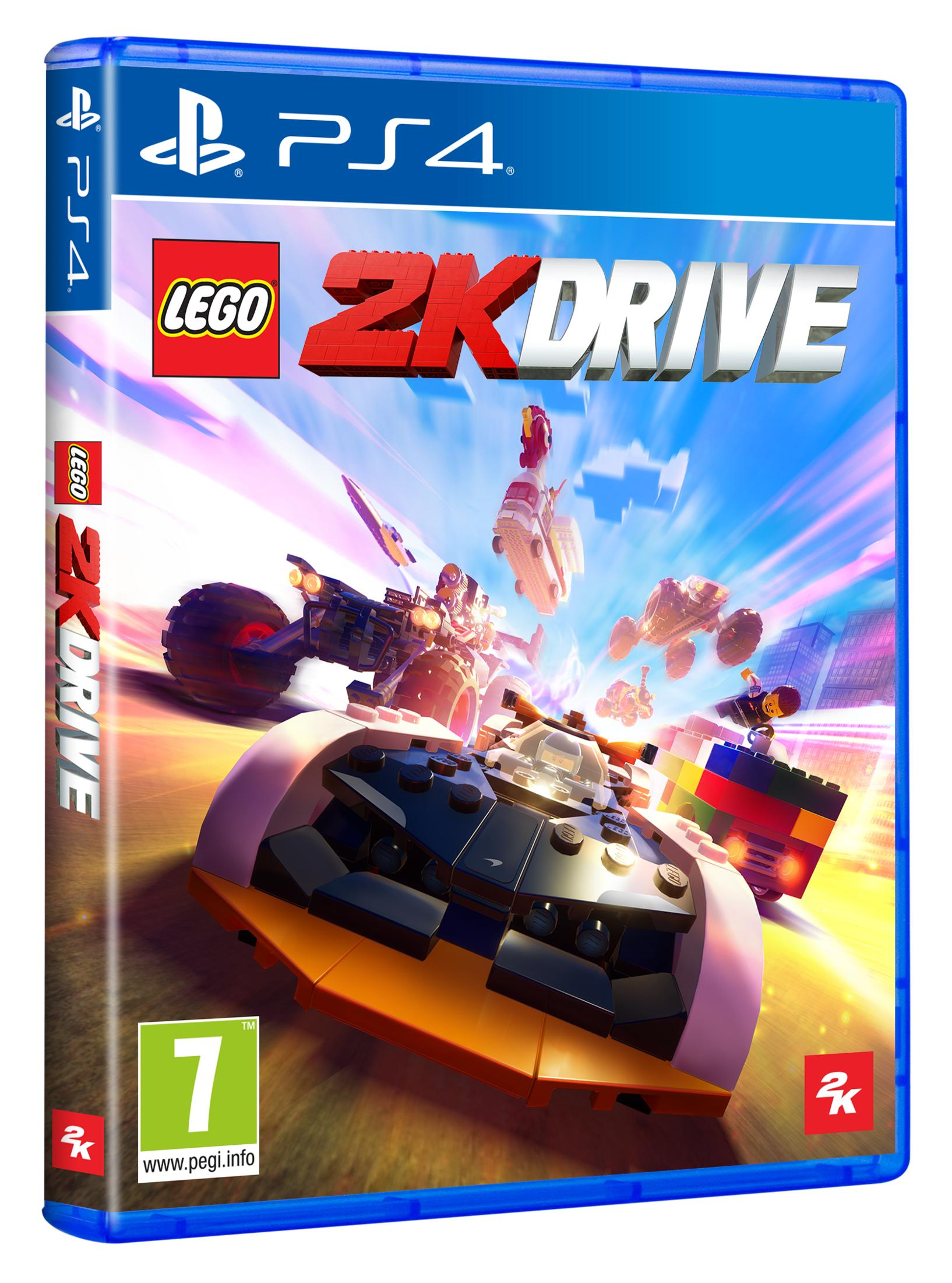 Gra PS4 "Lego 2K Drive" z kolorowymi pojazdami w powietrzu.