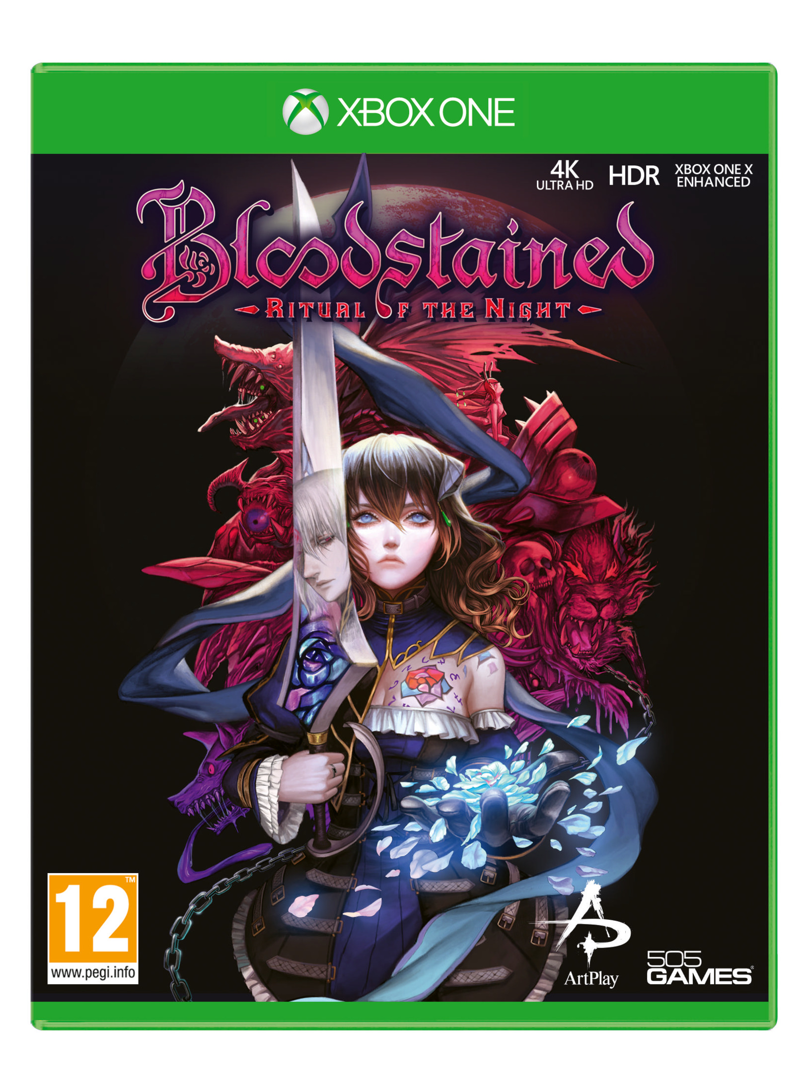 Okładka gry Bloodstained: Ritual of the Night z kobietą, potworami i mieczem.
