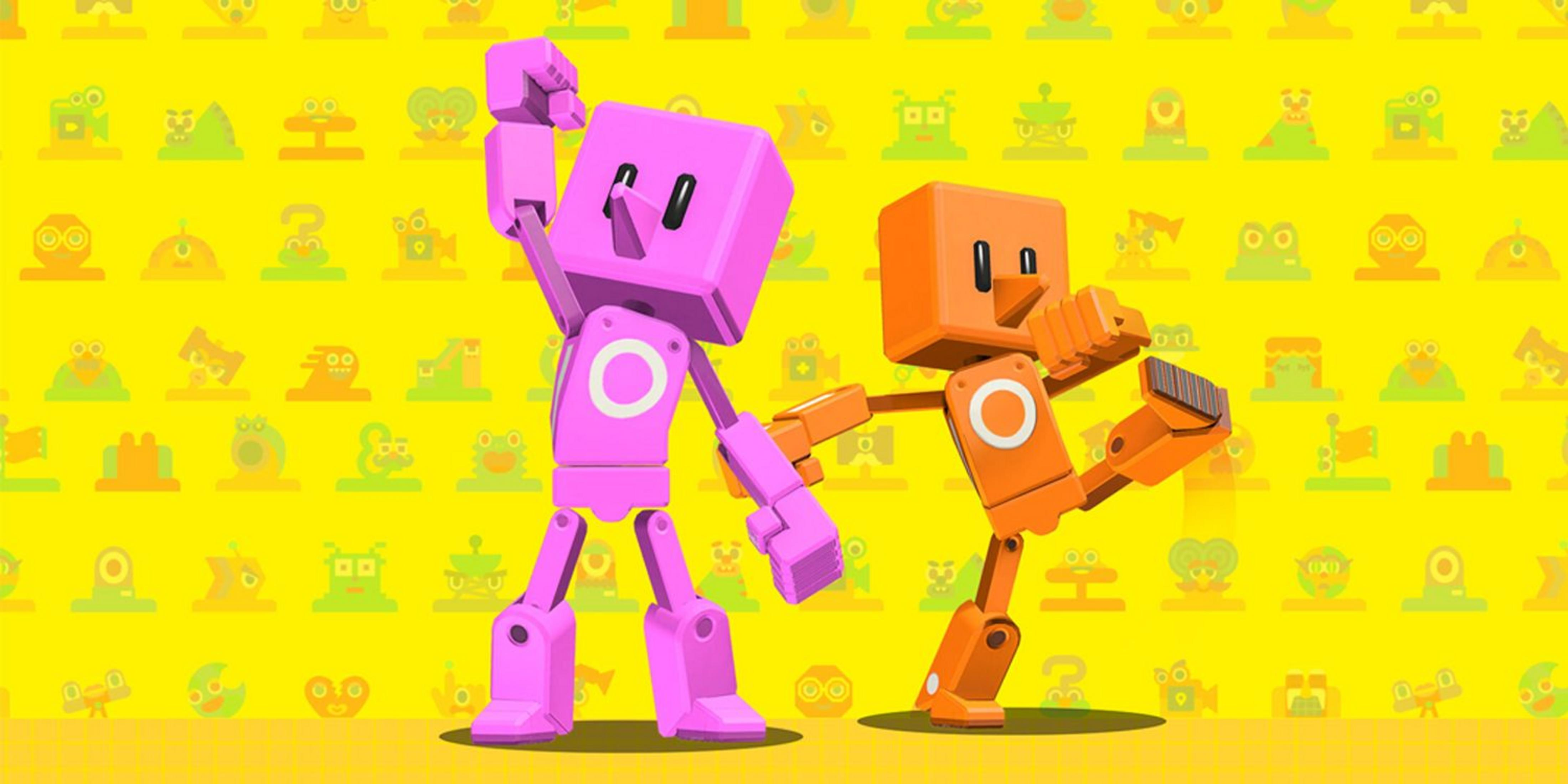 Dwa kolorowe roboty, różowy i pomarańczowy, pozują na jasnożółtym tle z różnymi małymi ikonami.
