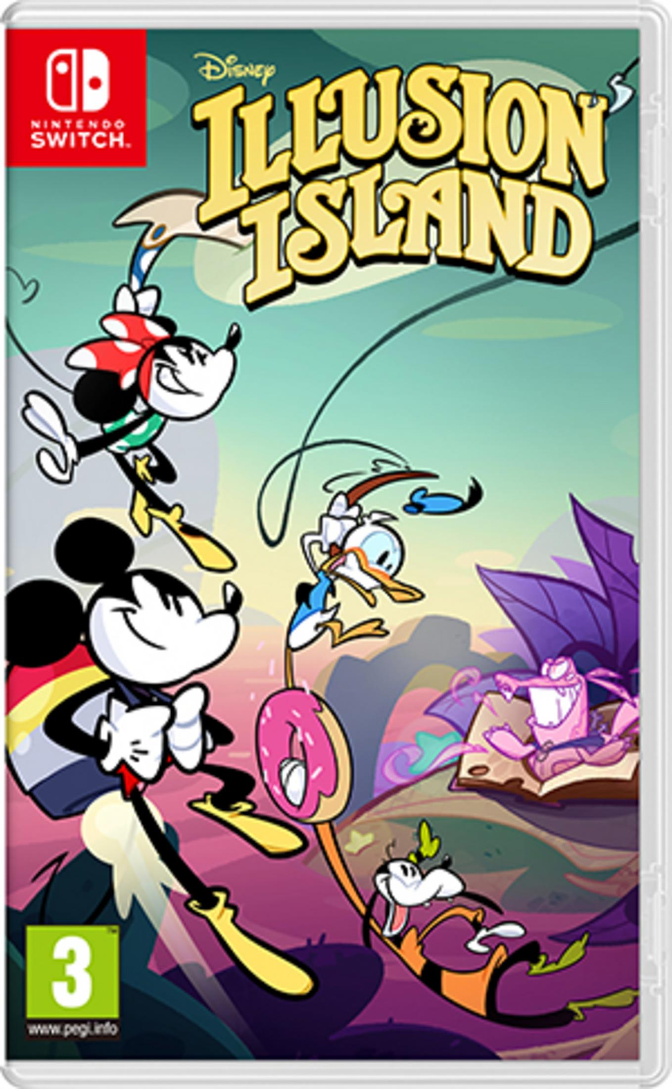 Mickey, Minnie, Donald & Goofy su copertina di gioco. Mondo colorato e fantastico.