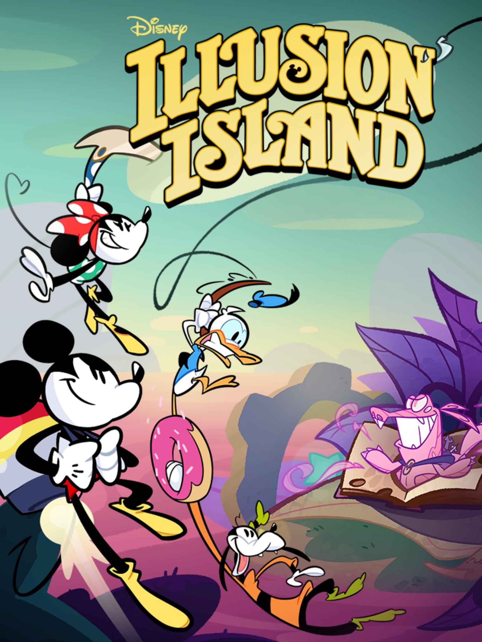 Personaggi Disney Mickey, Minnie, Donald e Pippo in un mondo fantasy colorato.
