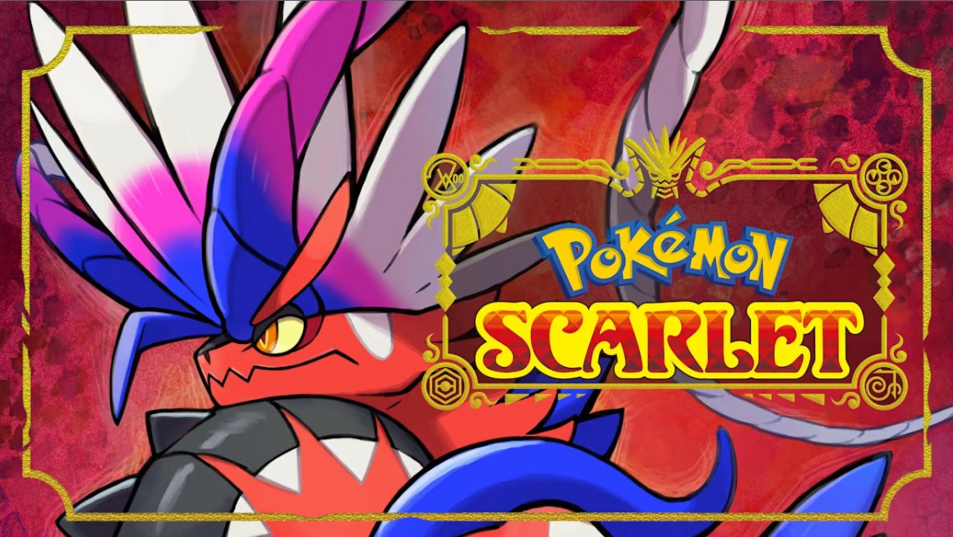 Tytuł Pokémon Scarlet przedstawiający czerwonego smoka z fioletowo-niebieskimi włosami.