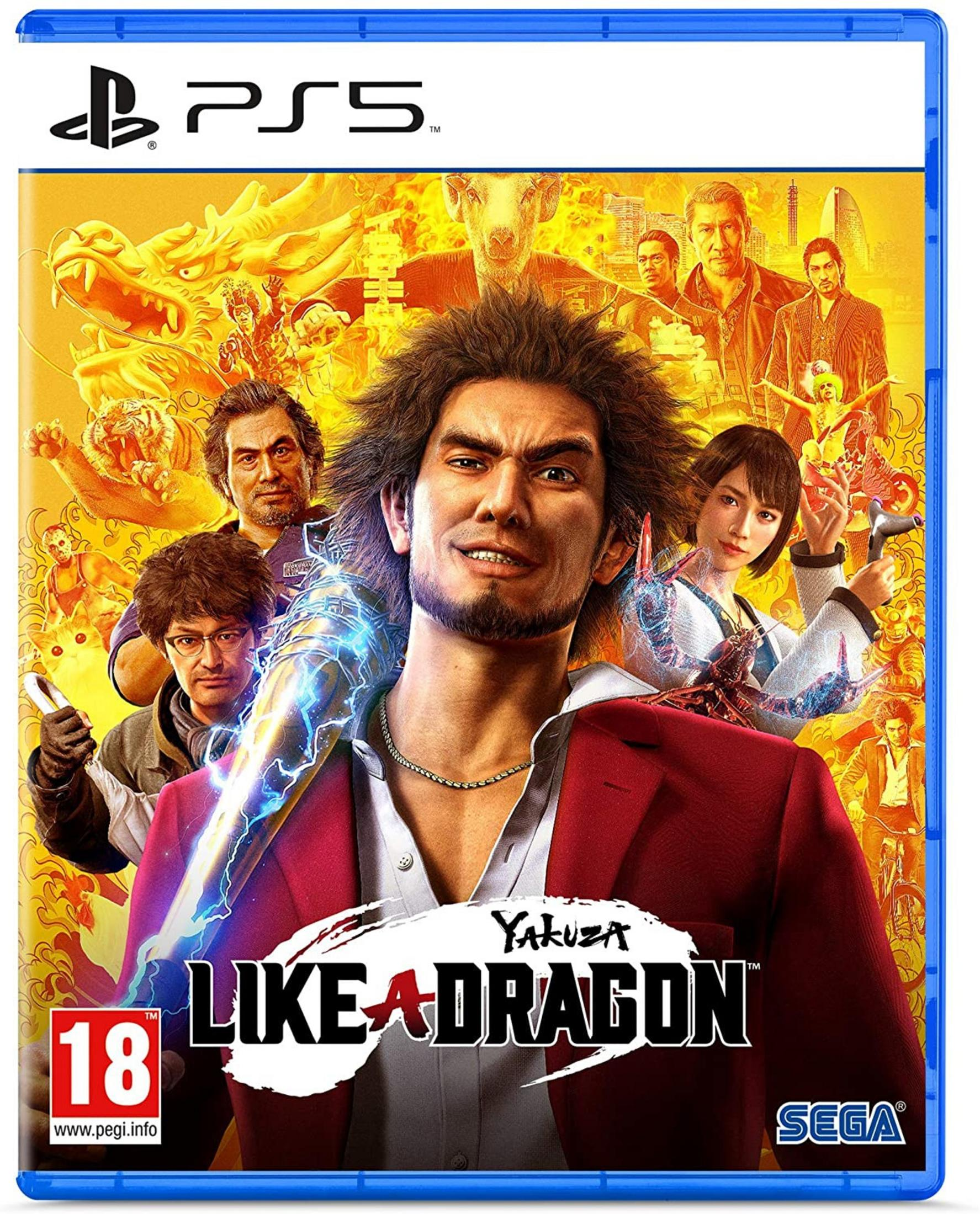 Okładka gry PS5: Yakuza Like a Dragon z protagonistą Ichibanem Kasugą i postaciami na tle smoka.
