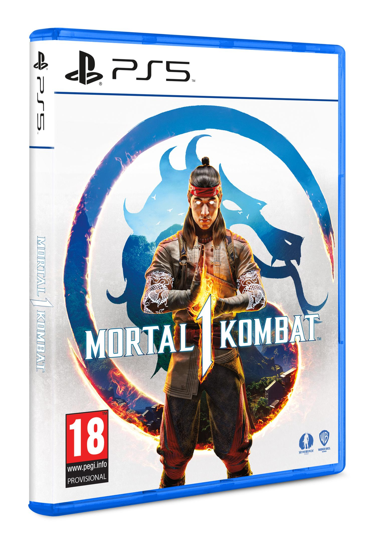 Caja del juego Mortal Kombat 1 PS5 con Liu Kang en pose de fuego, logo de dragón y PEGI 18.