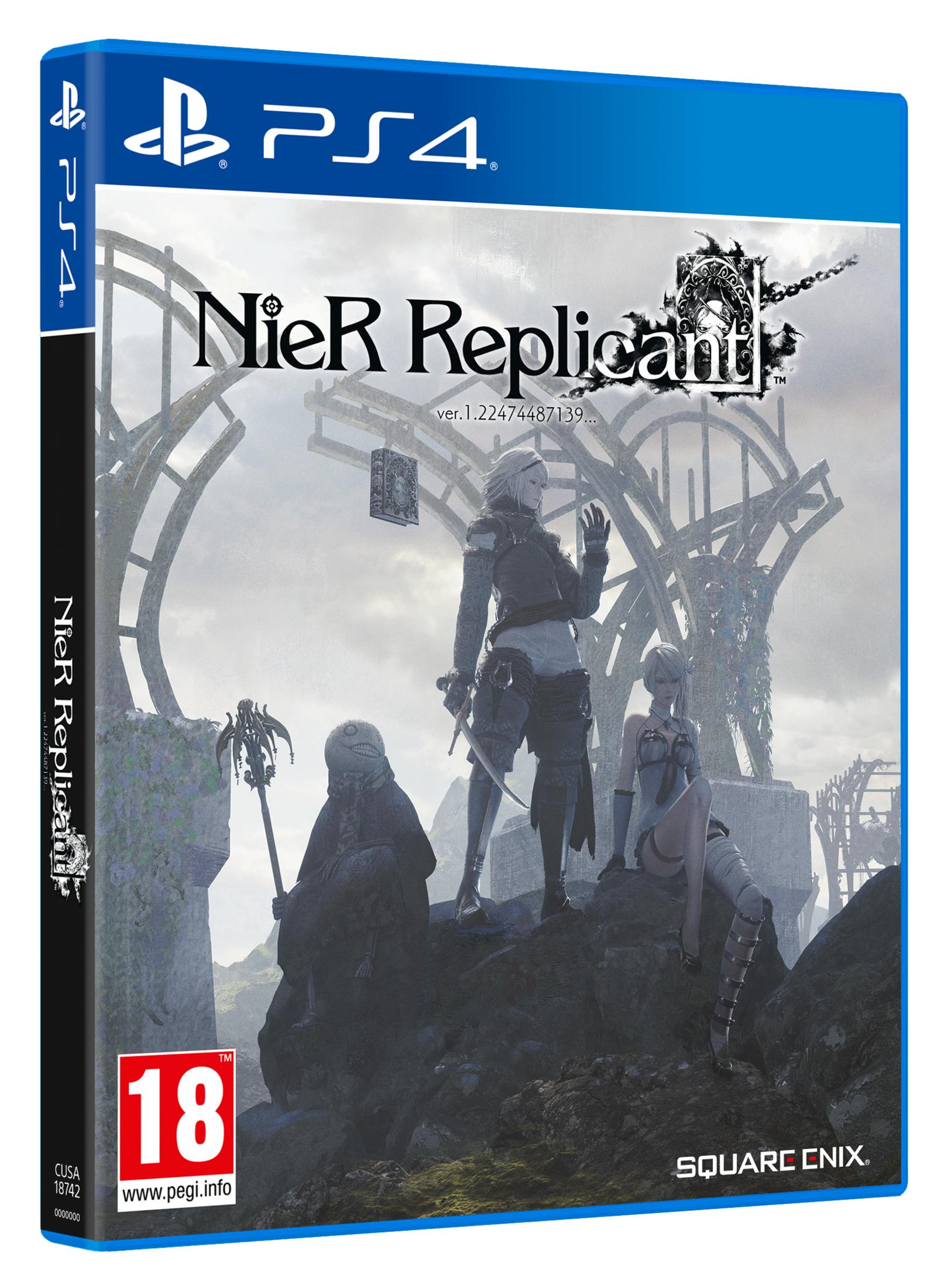 Okładka gry PS4: NieR Replicant z postaciami przed ruinami.