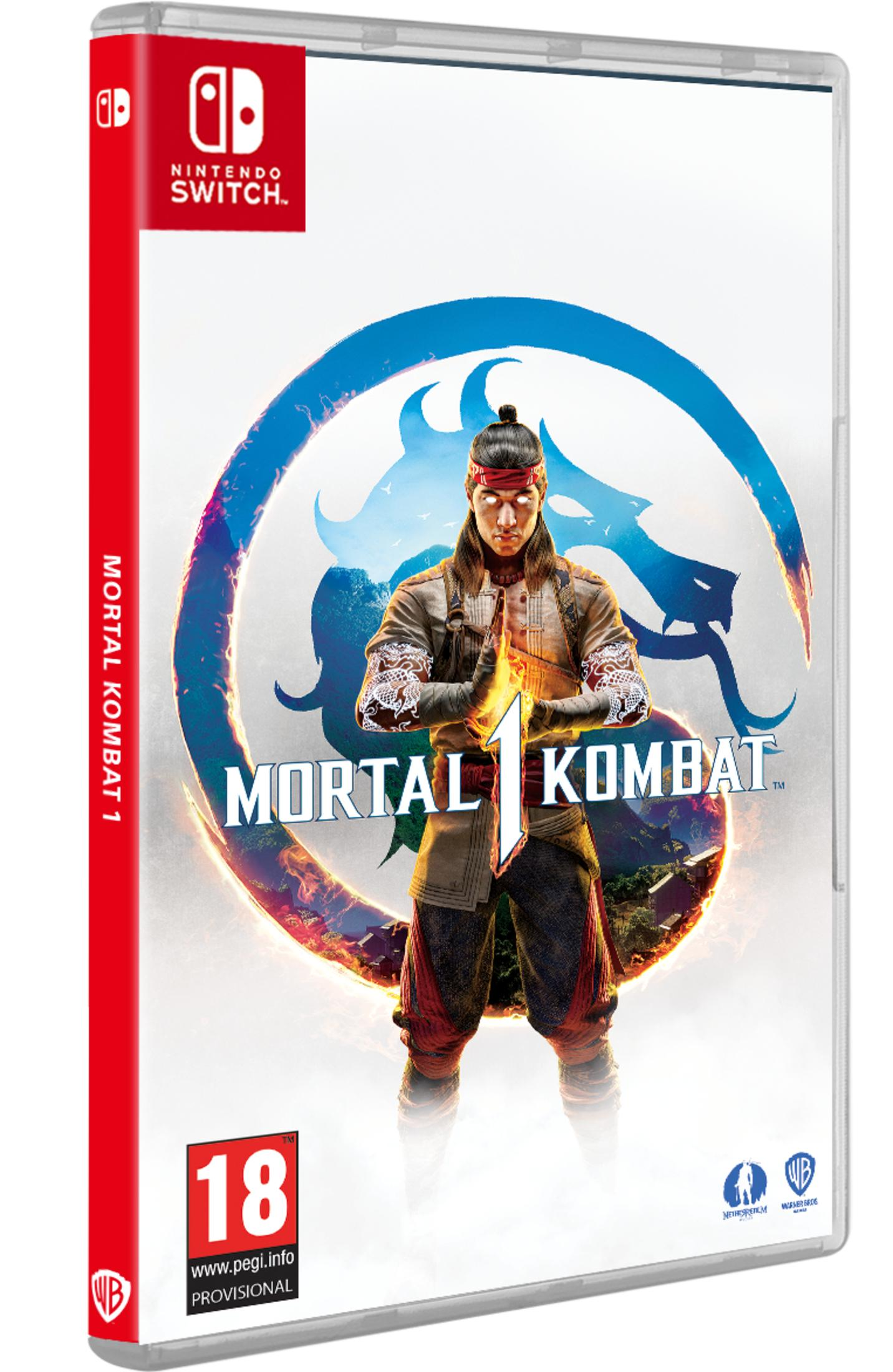 Funda de Mortal Kombat 1 para Nintendo Switch con Liu Kang en el centro, rodeado por un círculo de dragón.