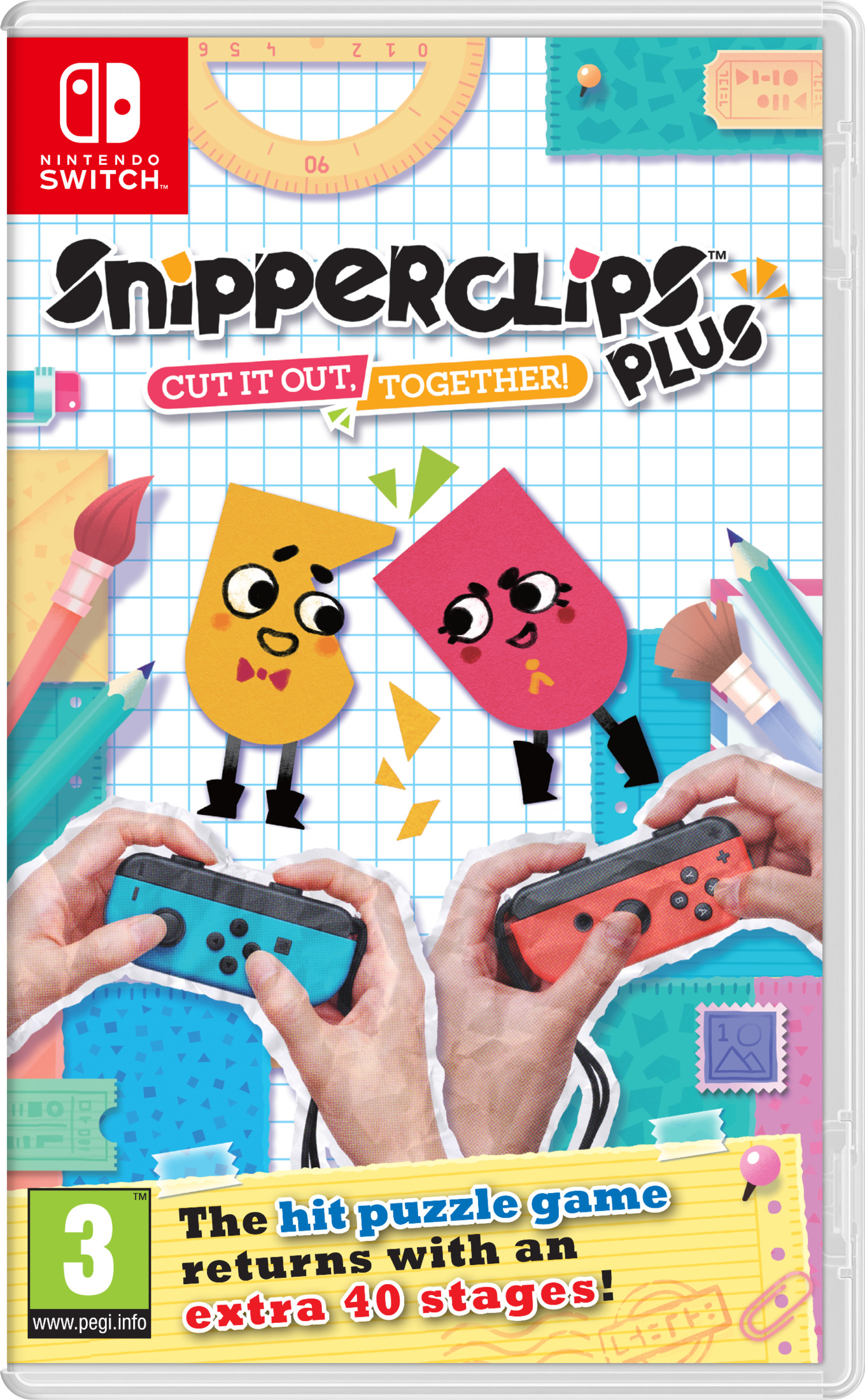 Okładka gry Nintendo Switch: Snipperclips Plus z postaciami, kontrolerami i materiałami plastycznymi.