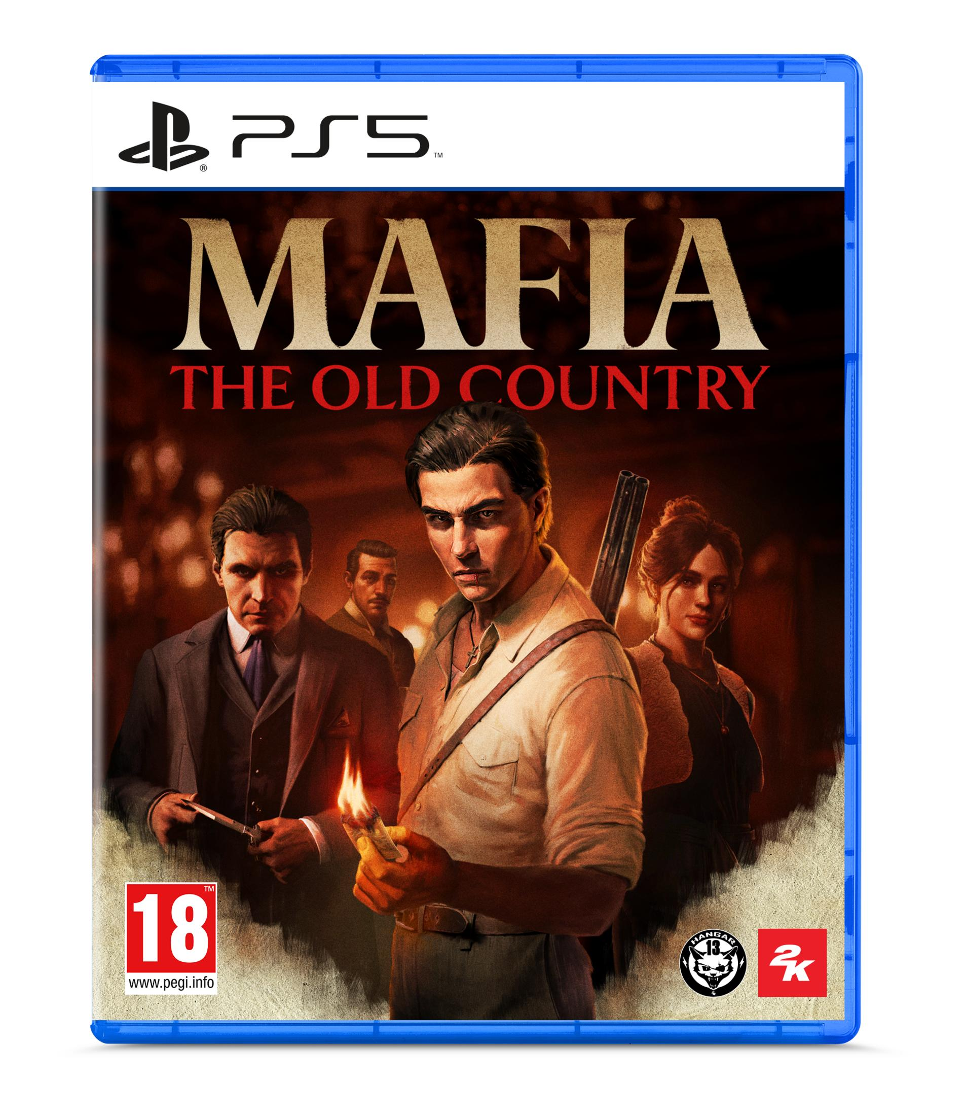 Okładka gry Mafia: The Old Country na PS5 z czterema postaciami i płonącą wiadomością.