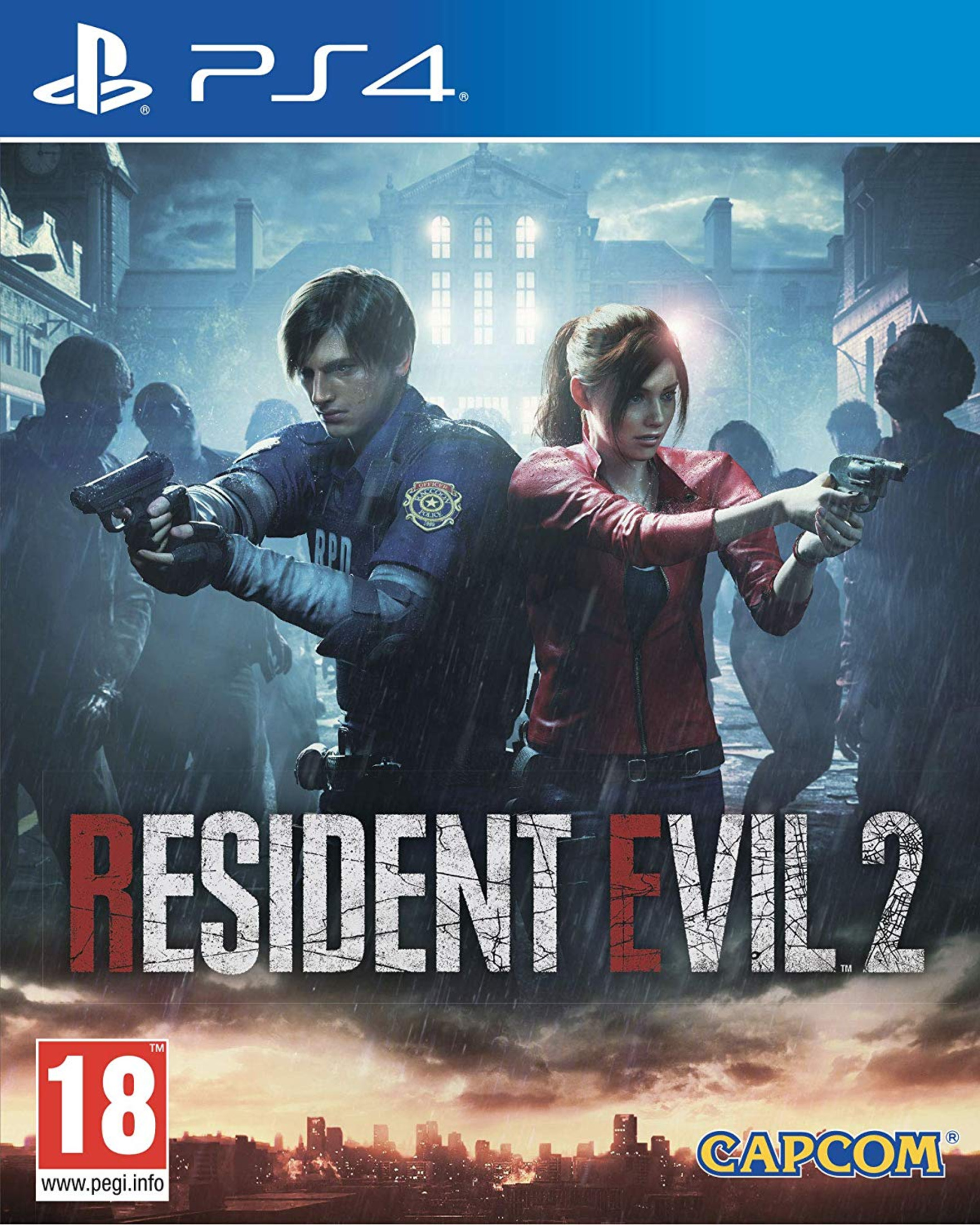 Leon i Claire stoją w deszczu z bronią. Okładka Resident Evil 2.