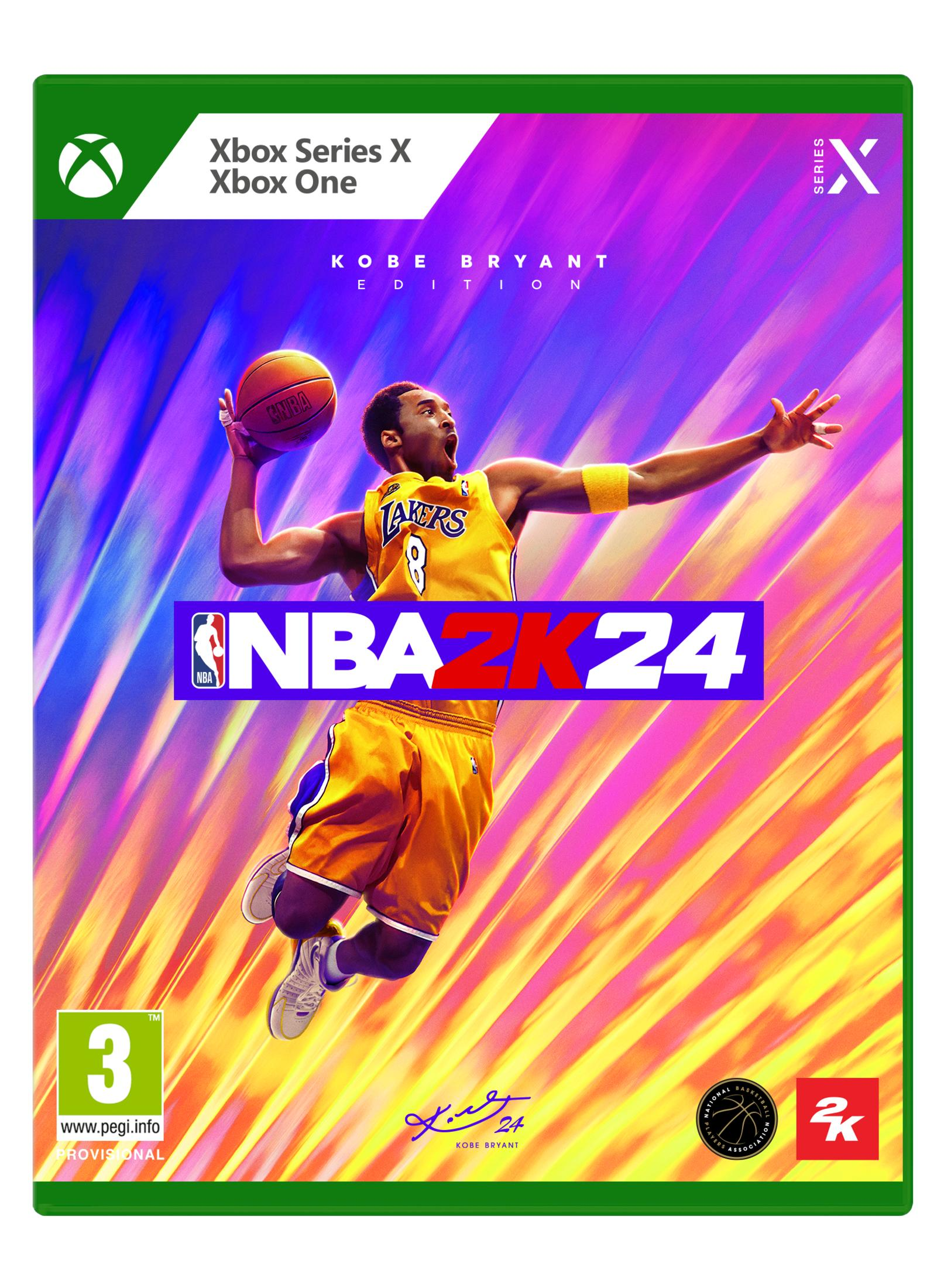Kobe Bryant in maglia Lakers salta con un pallone. Logo NBA 2K24.