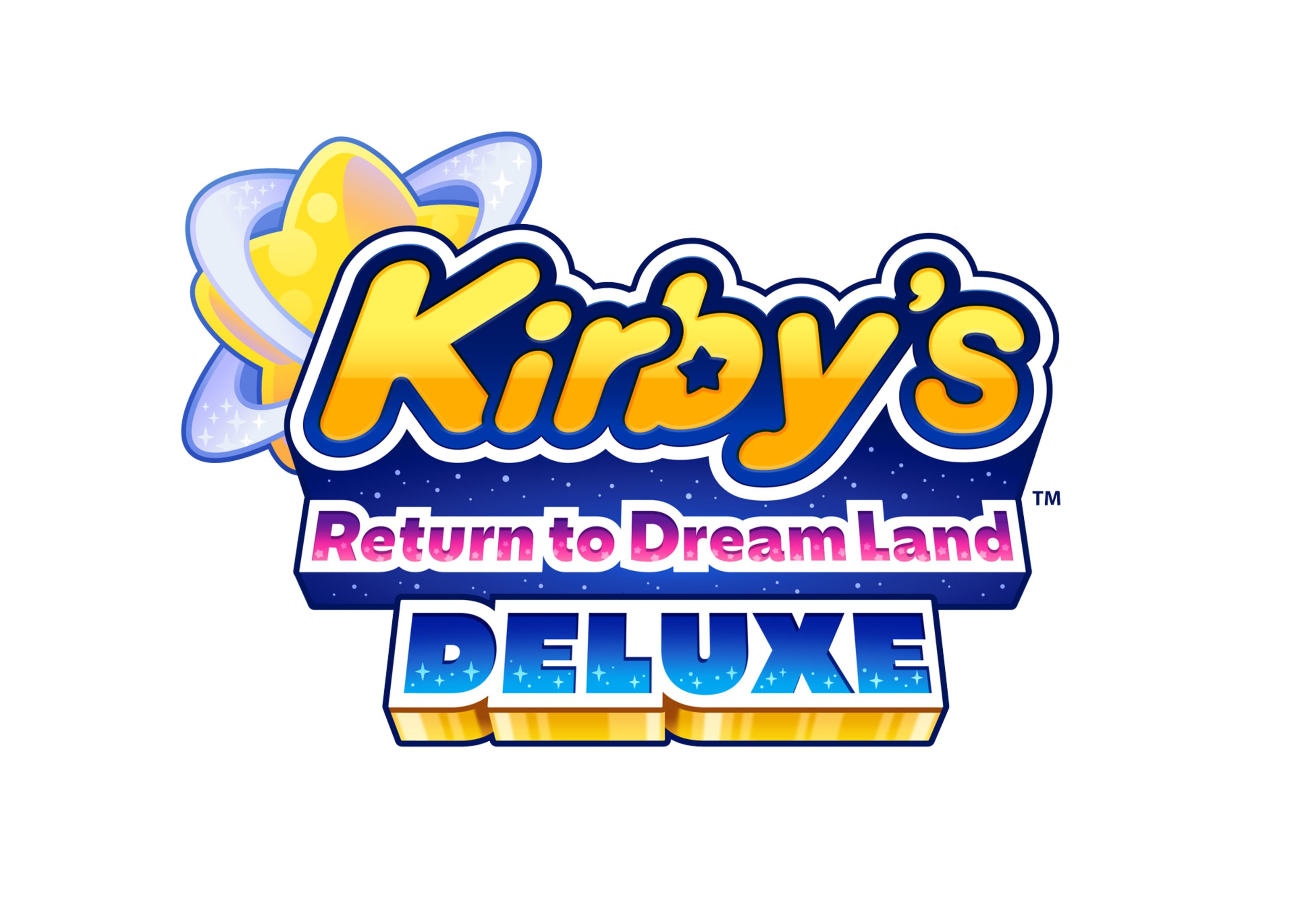 Logo de Kirby's Return to Dream Land Deluxe con estrellas y brillo.