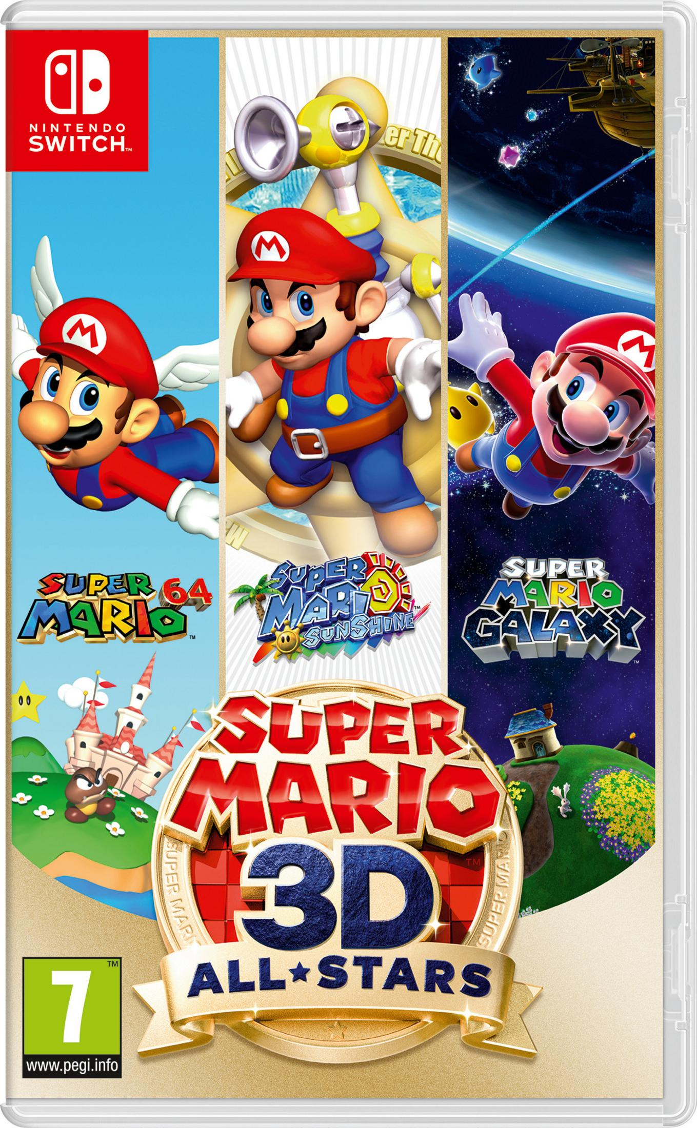 Copertina del gioco Mario 3D All-Stars con Mario in vari mondi.