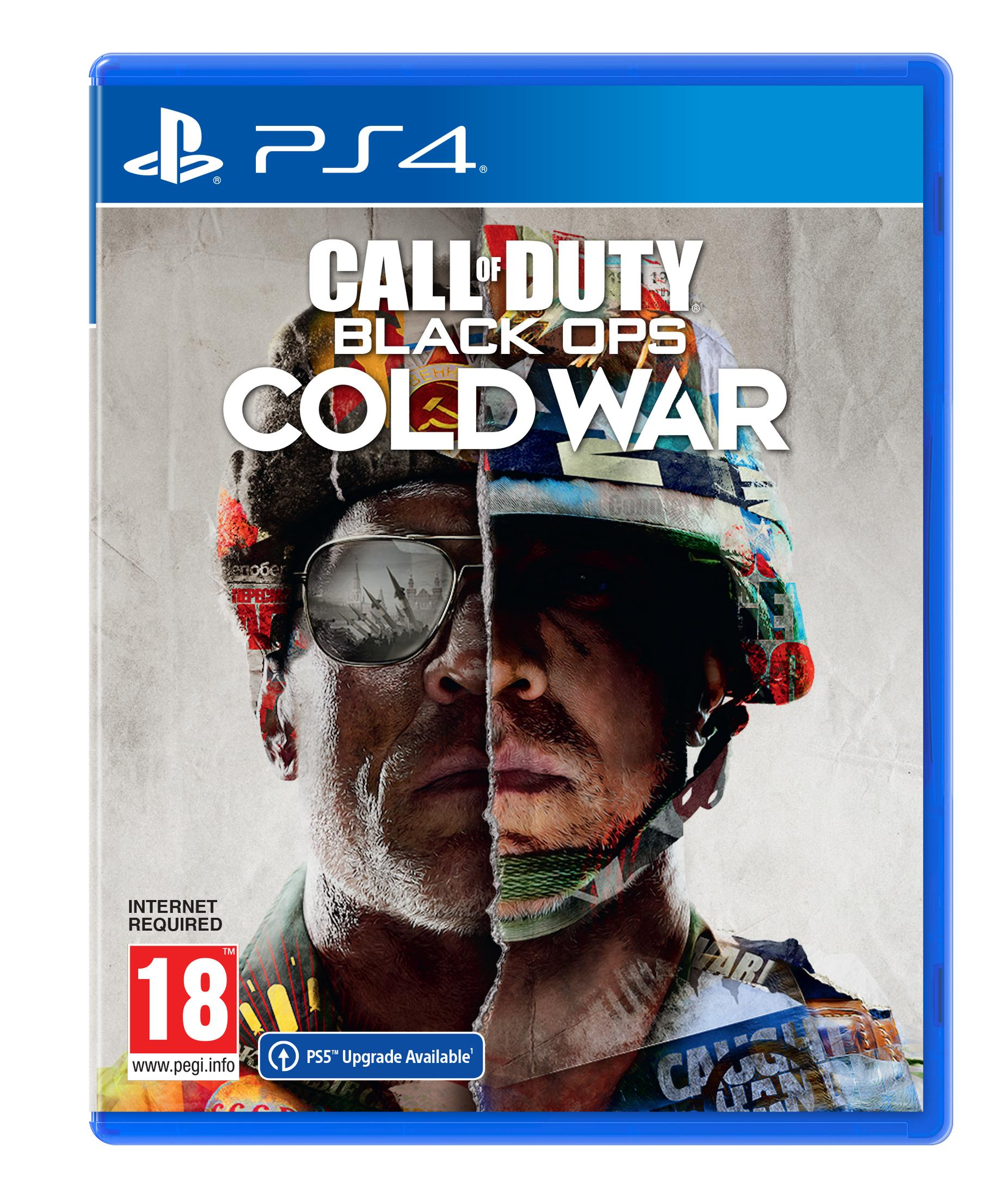 Okładka gry Call of Duty: Black Ops Cold War na PS4 z podzieloną twarzą i odbiciem rakiet.