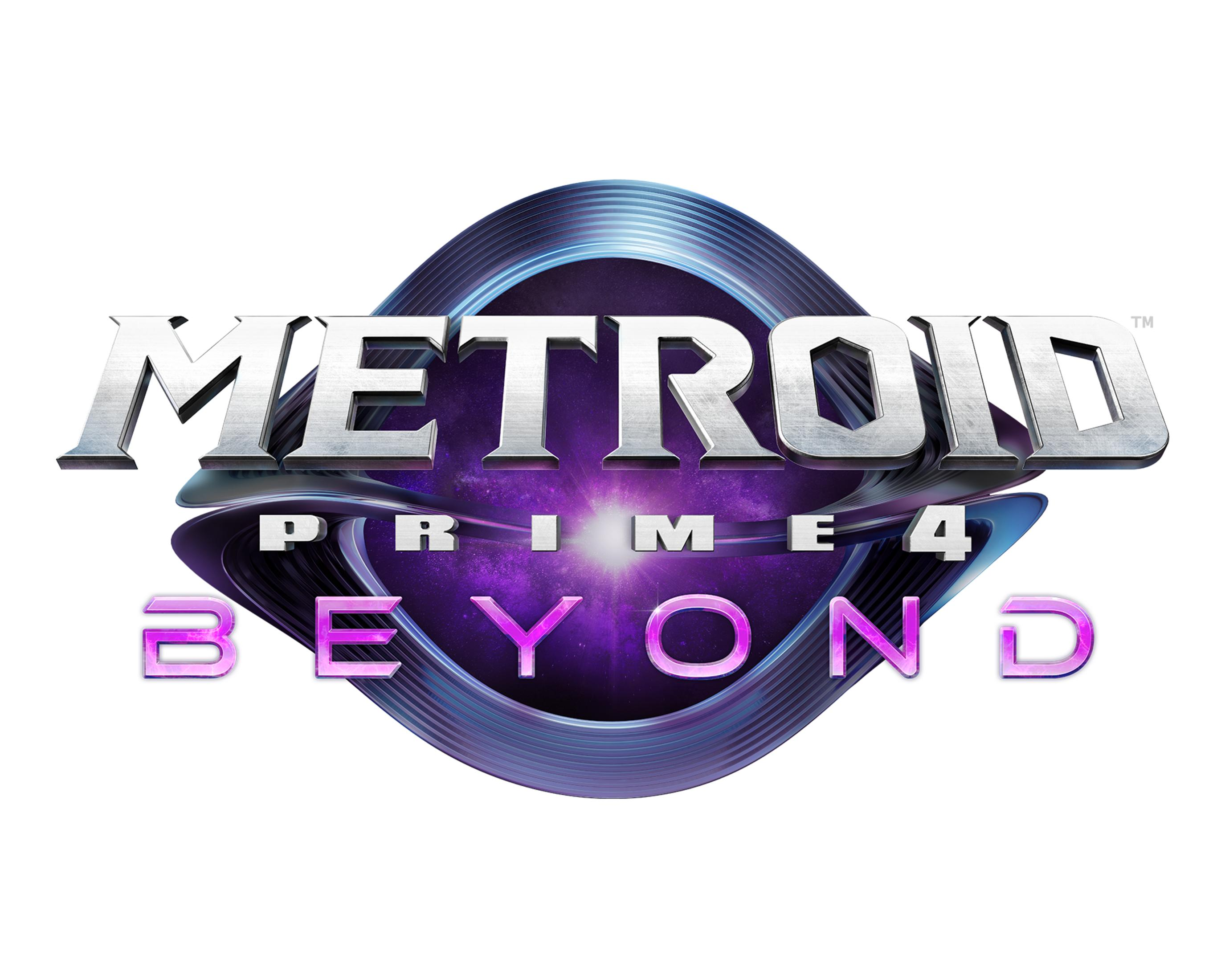 Logo Metroid Prime 4 Beyond con testo metallico su sfondo spaziale.