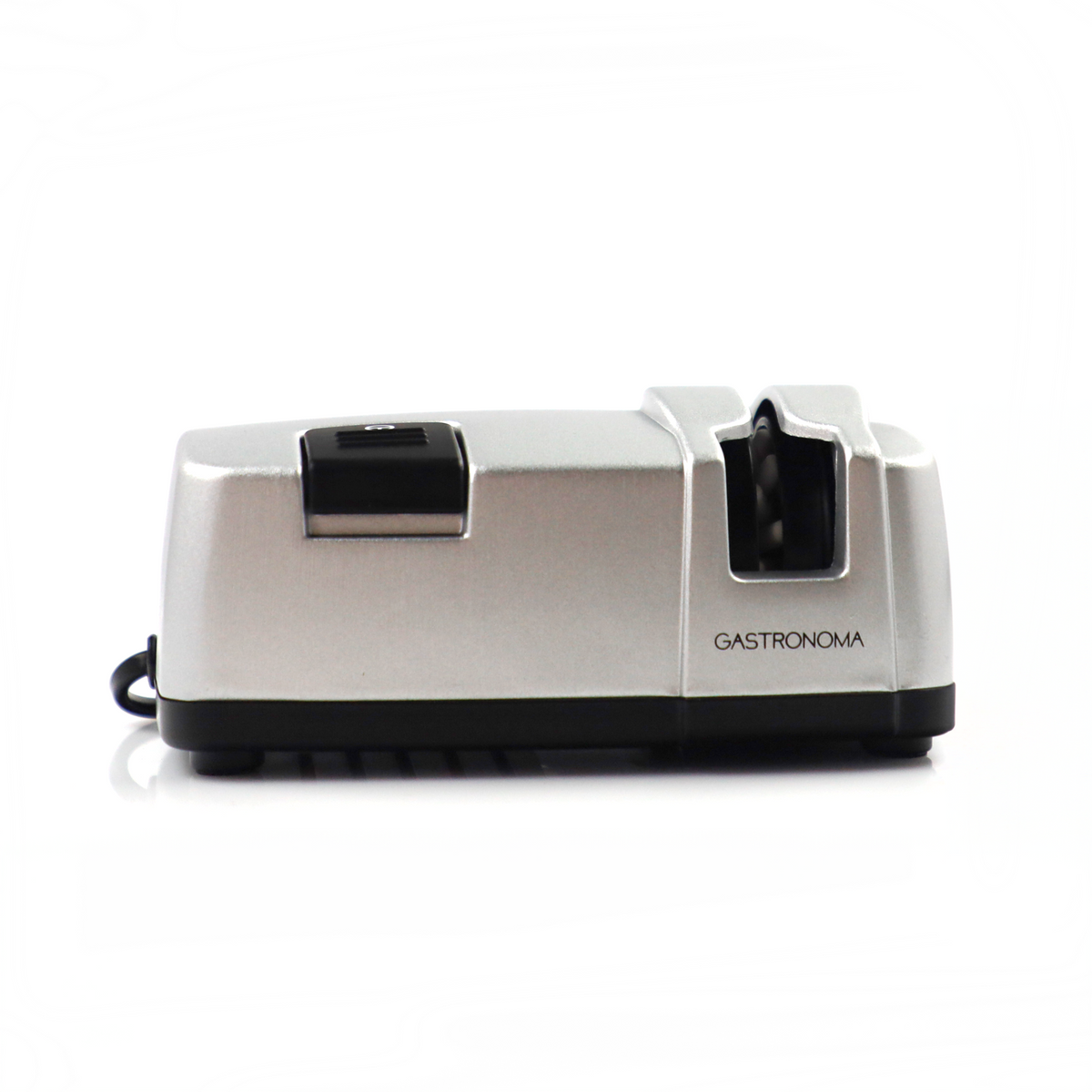 Srebrna elektryczna ostrzałka do noży z czarnym przyciskiem i logo GASTROMA.