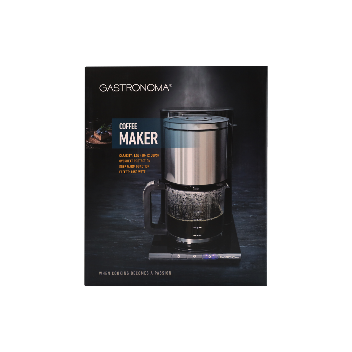 Gastronoma coffee maker with glass carafe, 1.5L capacity, 1050 watts.