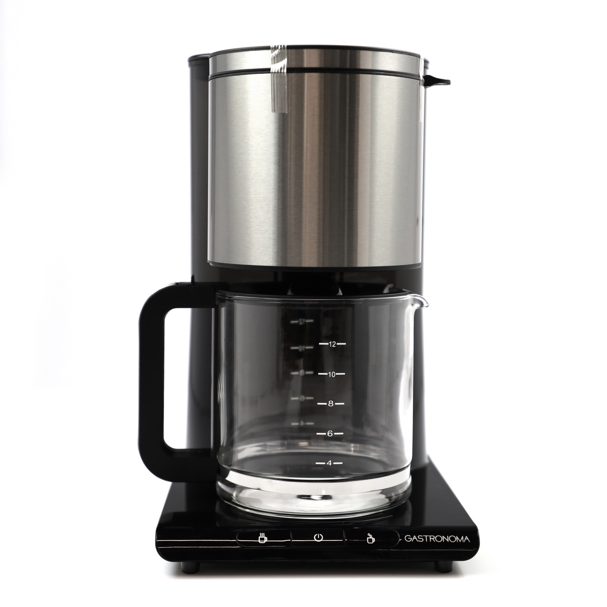 A black coffee maker with stainless steel accents and a glass carafe on a white background.