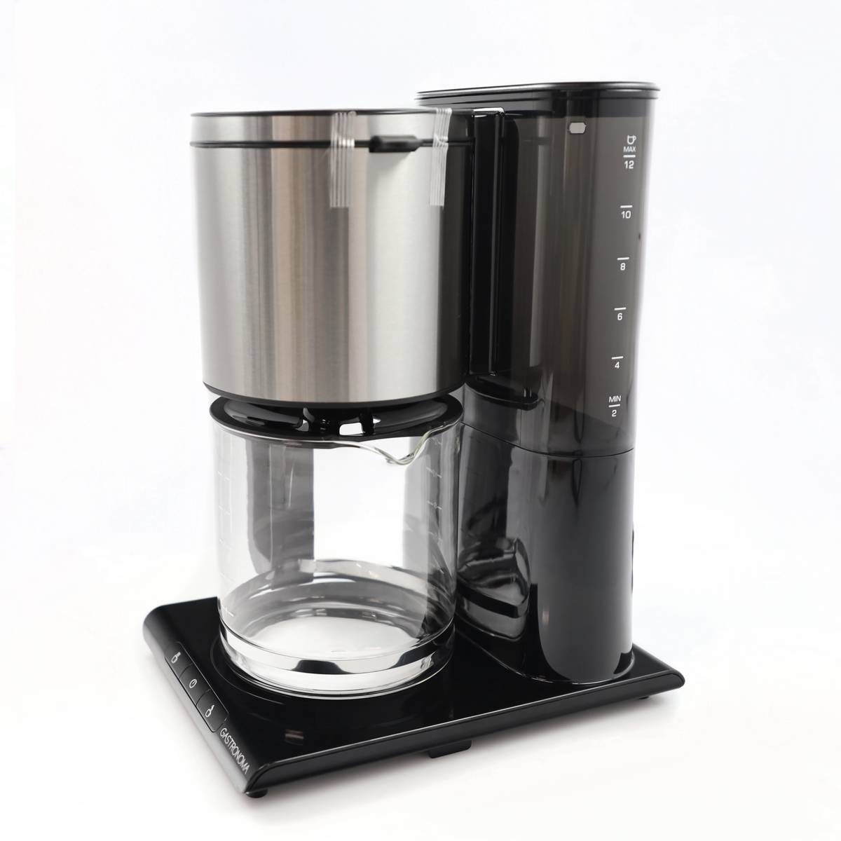 A black coffee maker with stainless steel accents and a glass carafe.