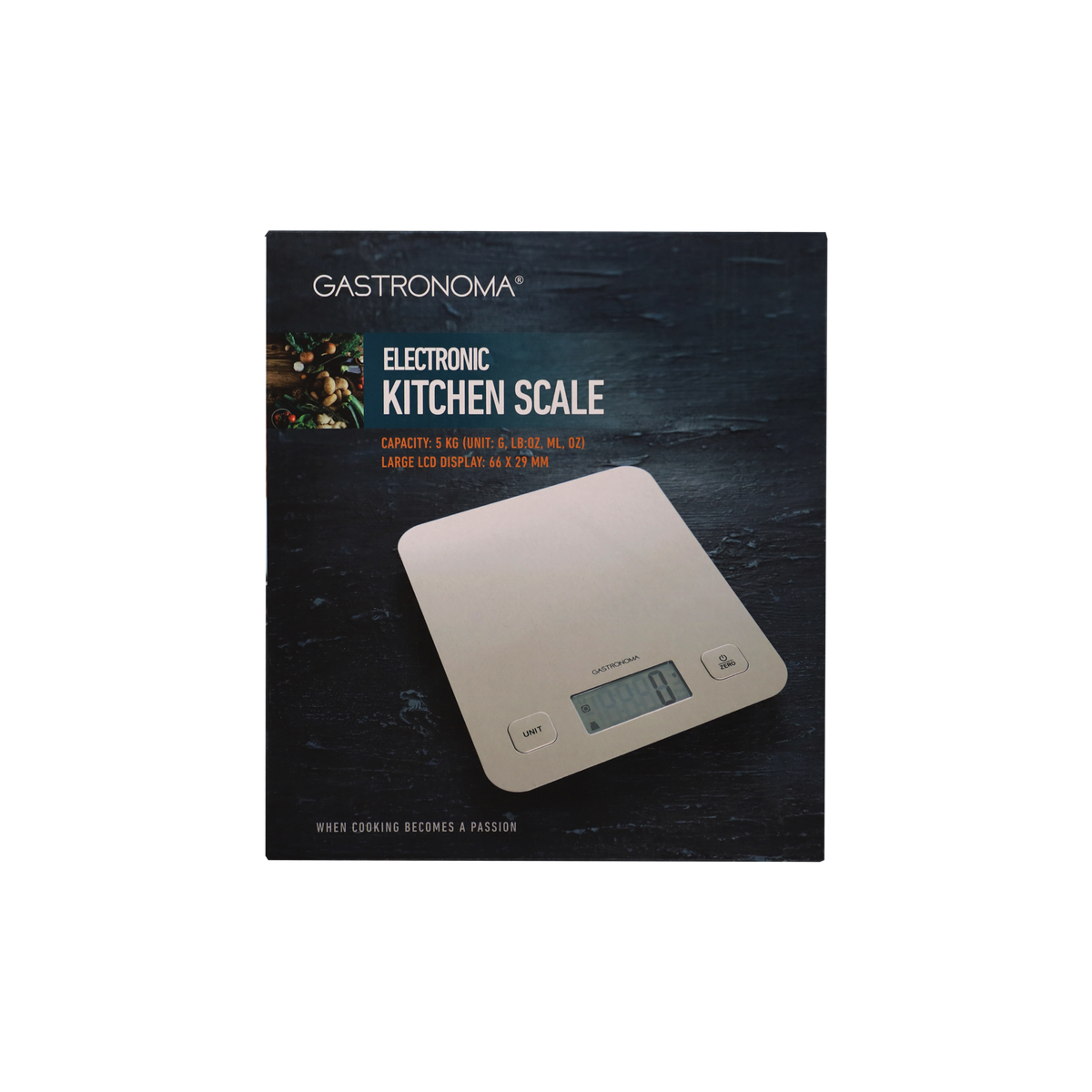 Elektroniczna waga kuchenna Gastronoma na ciemnym tle.