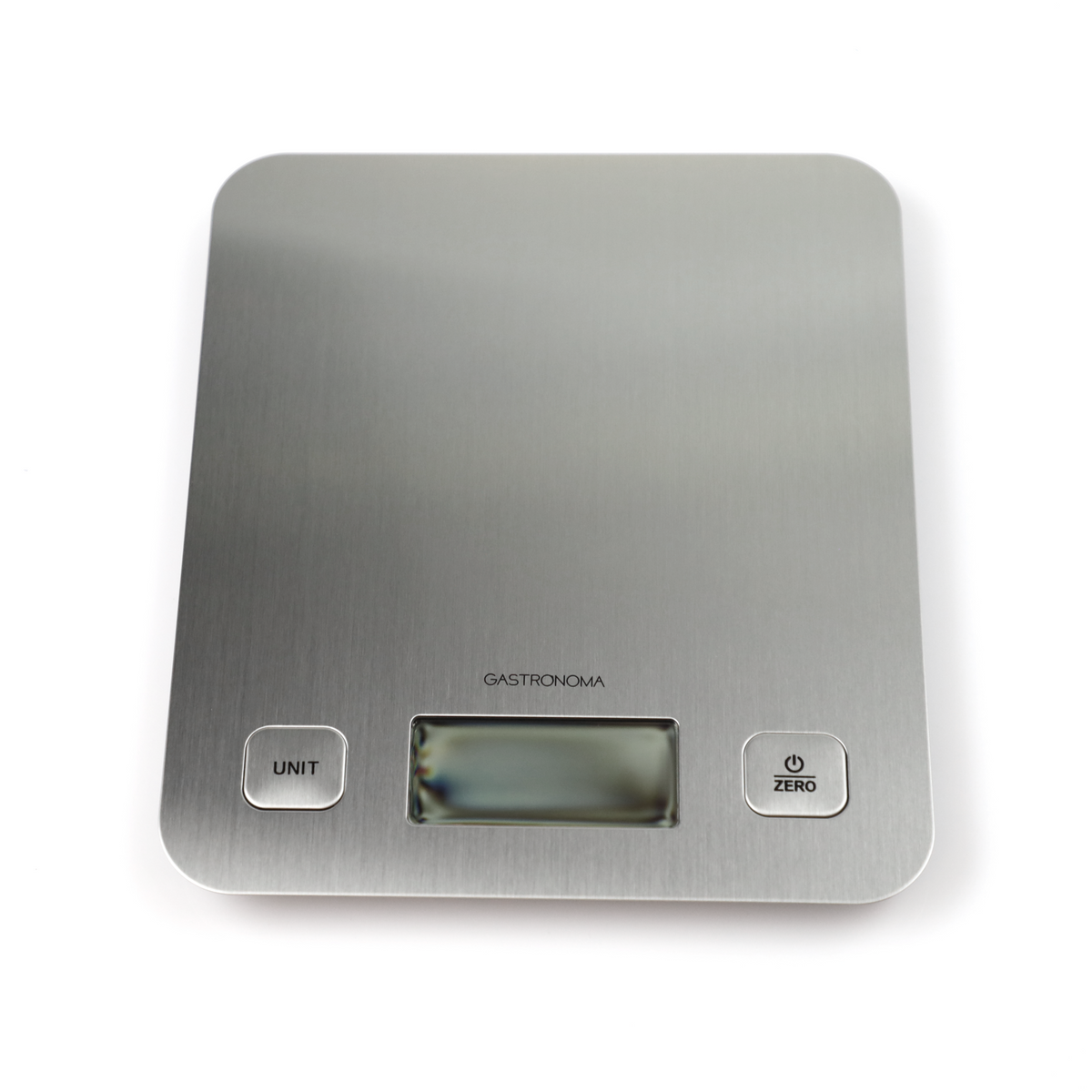 Srebrna cyfrowa waga kuchenna z wyświetlaczem i dwoma przyciskami.