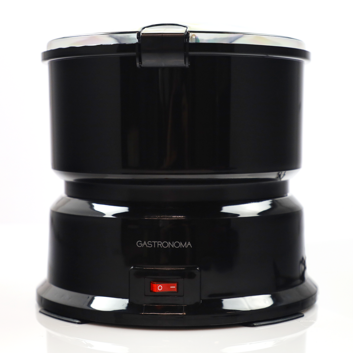 Czarna wyciskarka Gastronoma z czerwonym przełącznikiem i srebrną pokrywką.