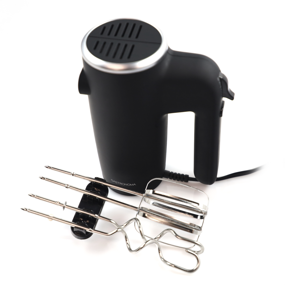 Czarny mikser ręczny z srebrnym pierścieniem i otworami wentylacyjnymi.