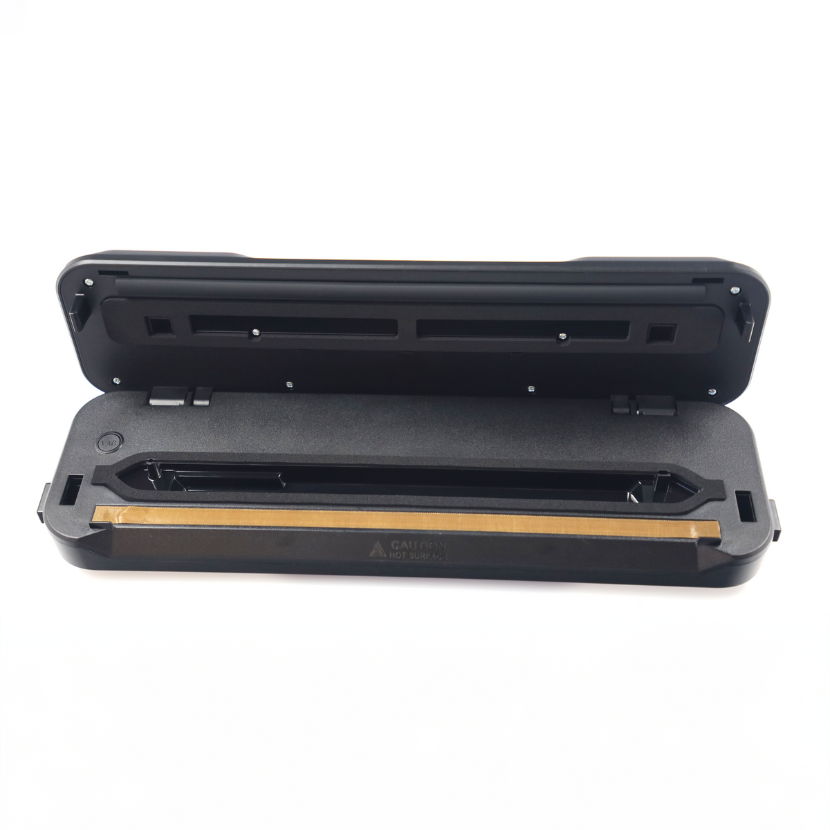 Czarna zgrzewarka z otwartą pokrywą, pokazująca obszar zgrzewania.