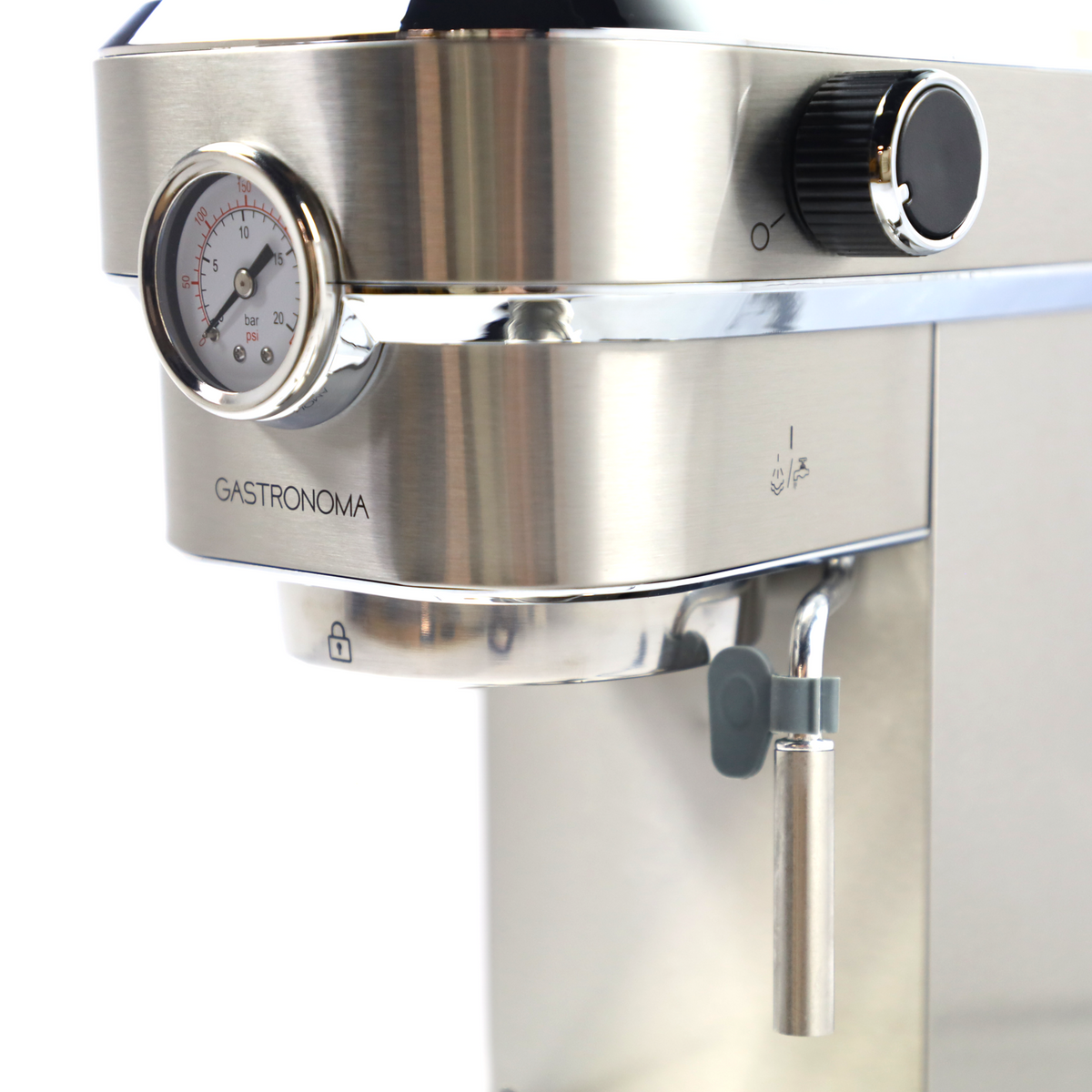 Ekspres do kawy ze stali nierdzewnej z manometrem, pokrętłem i dyszą pary.