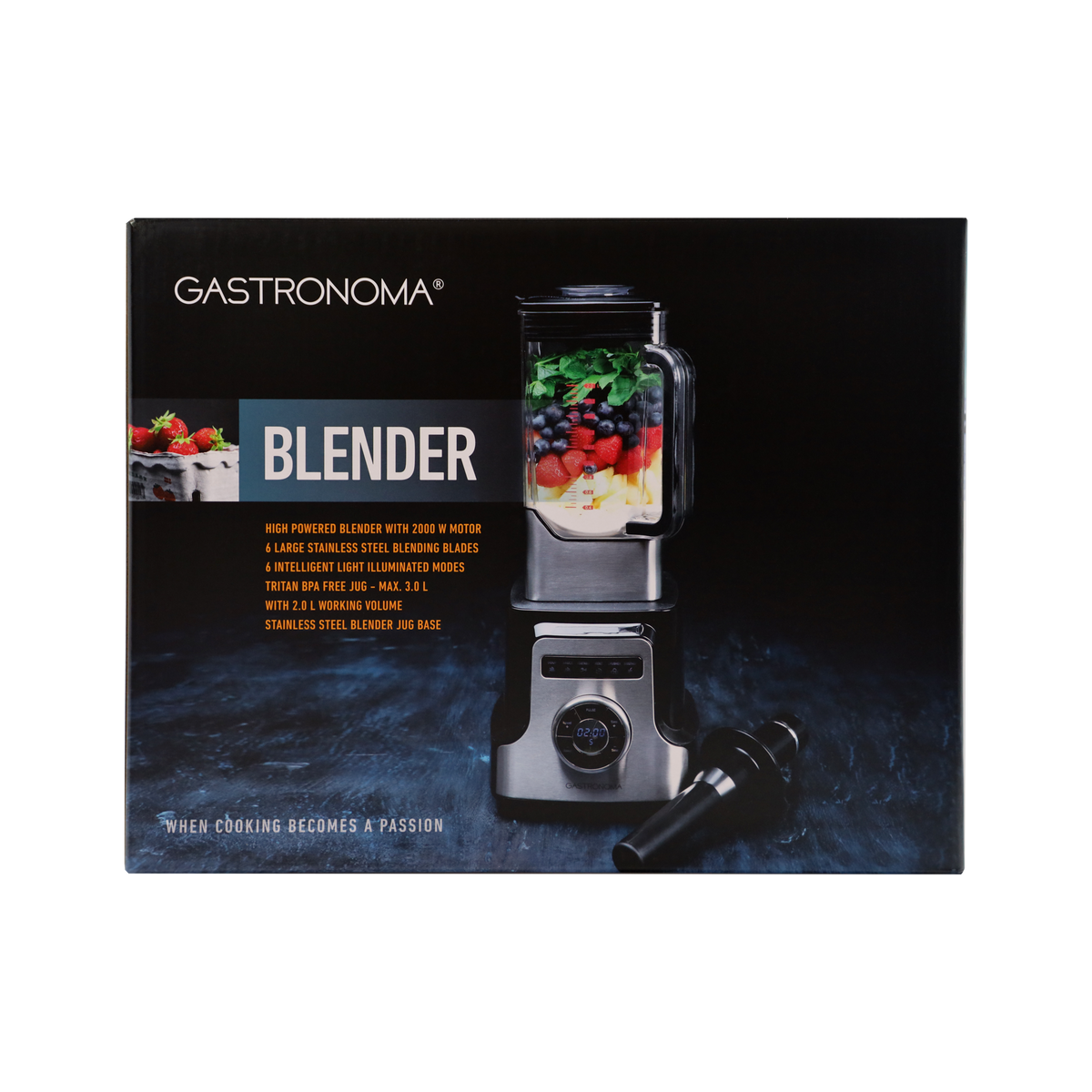 Opakowanie blendera Gastronoma z składnikami i produktem.