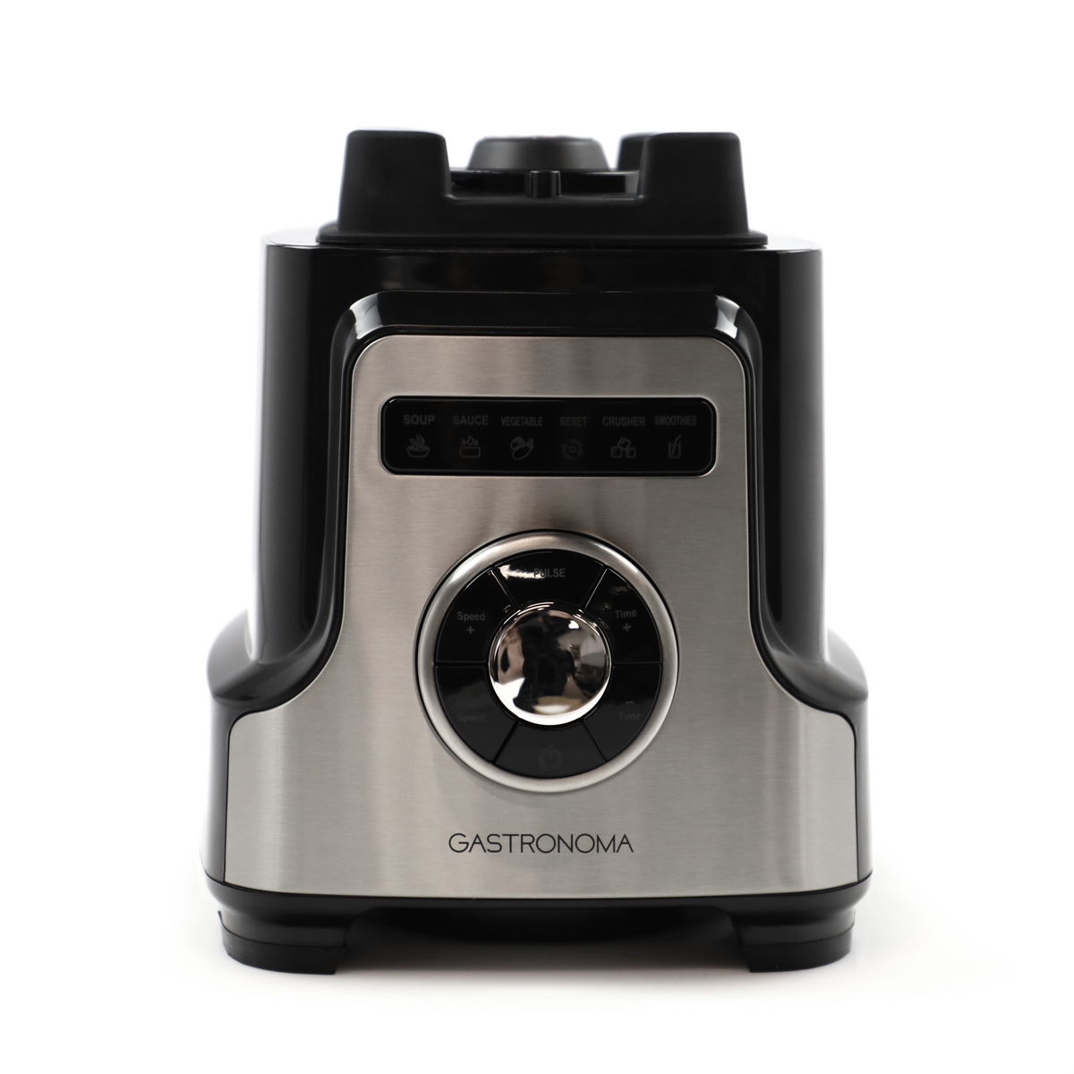 Czarno-srebrna podstawa blendera z panelem sterowania i pokrętłem.