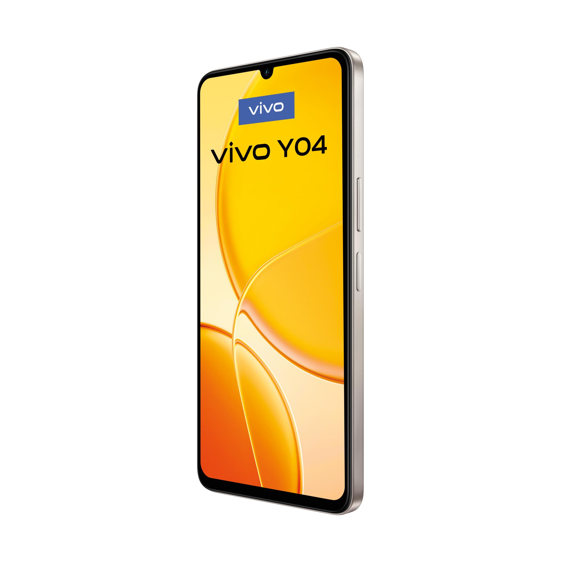 Sarı arka plan üzerinde gümüş rengi Vivo Y04 akıllı telefon.