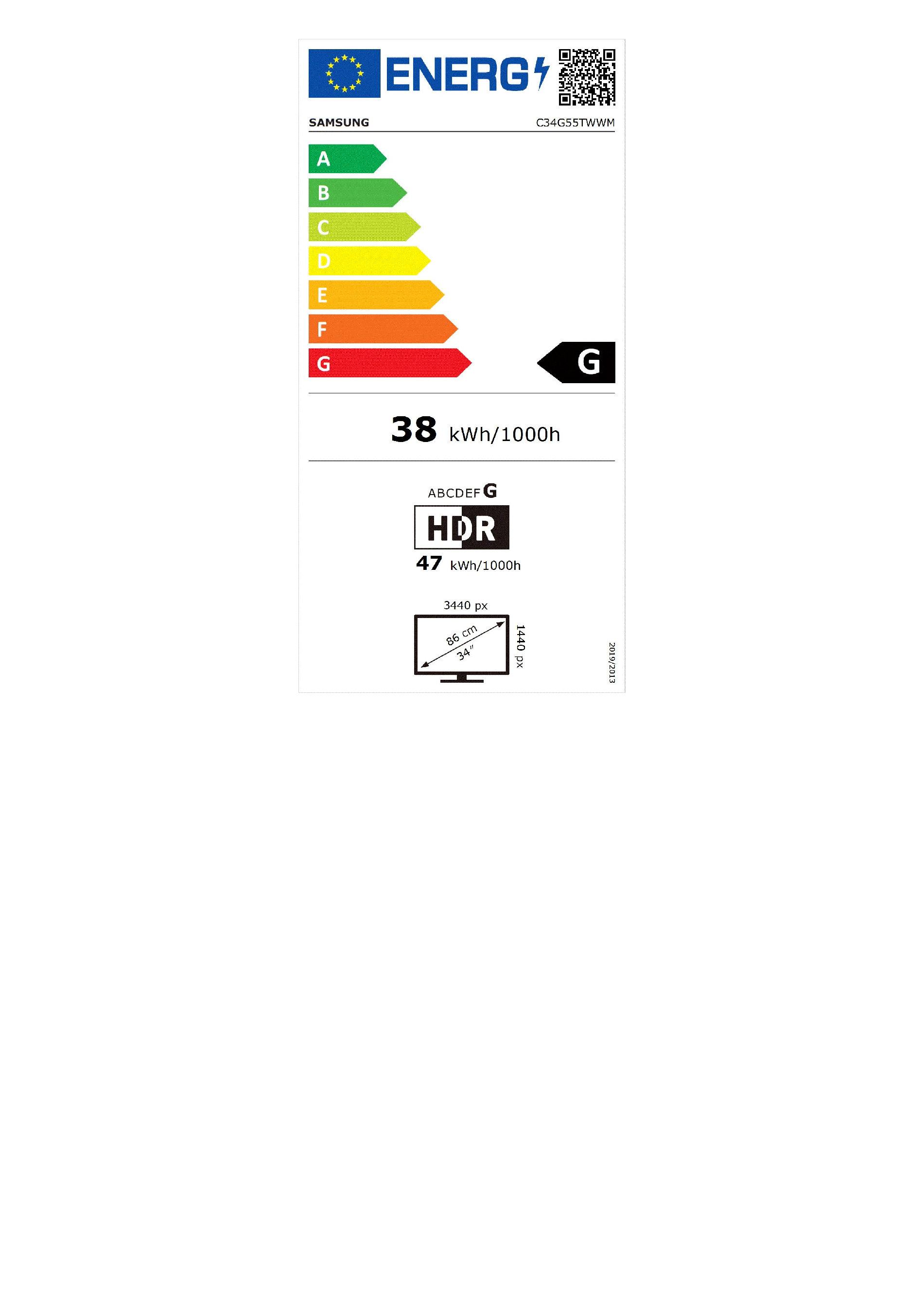 Enerji etiketi A-G ölçeği, HDR ve TV özellikleri: 38/47 kWh/1000sa.