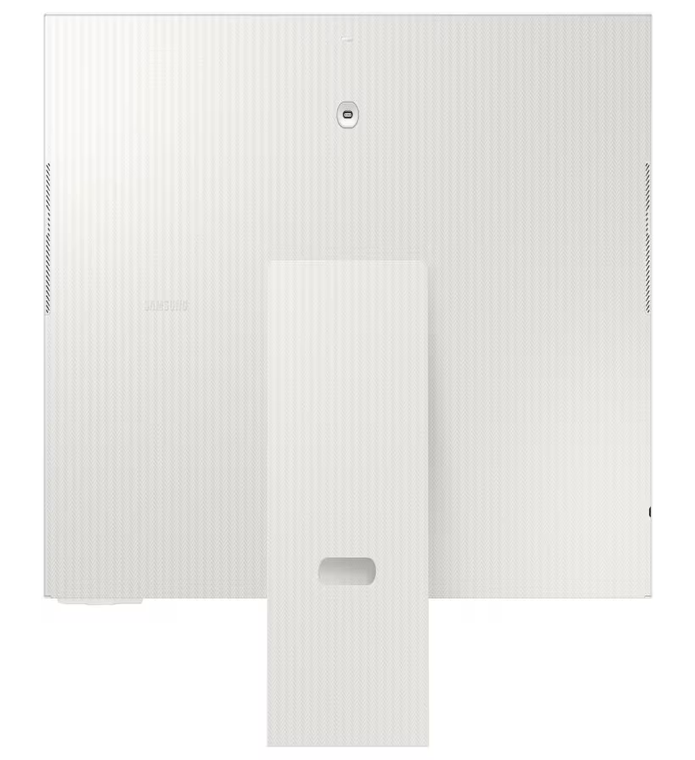 Gümüş Samsung logosu ve standı olan beyaz monitörün arkası.