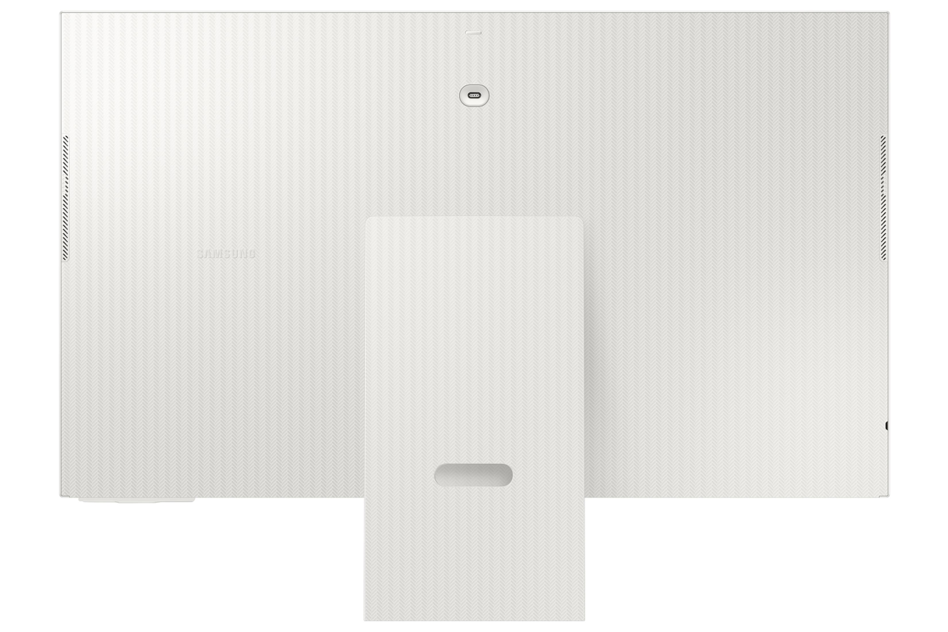 Samsung logolu, balıksırtı desenli beyaz monitörün arkası.
