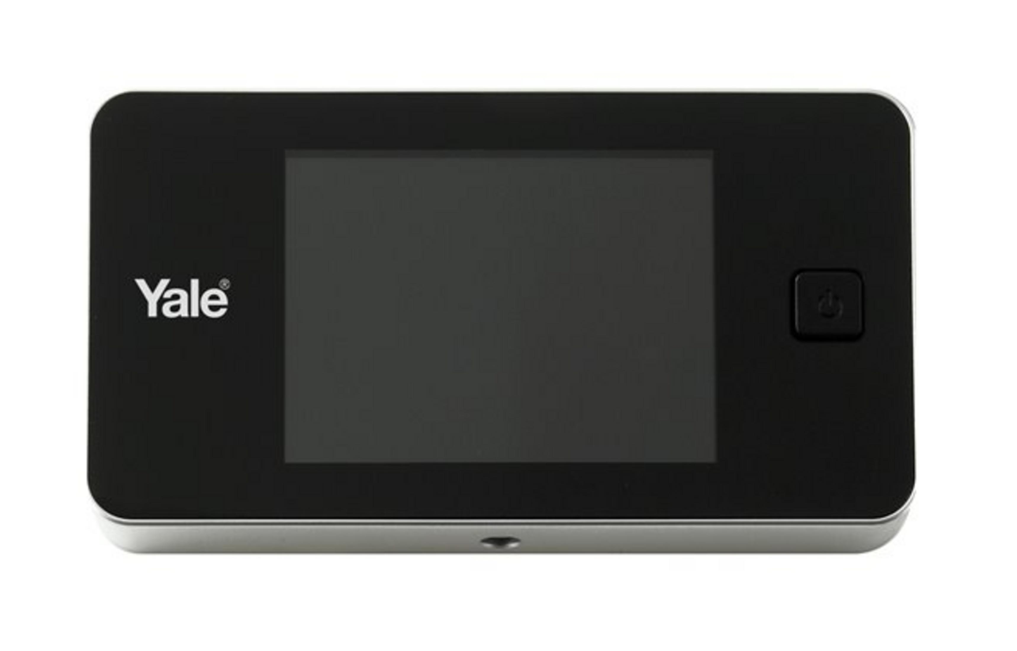 Una pantalla de timbre Yale negra con marco plateado y botón de encendido.