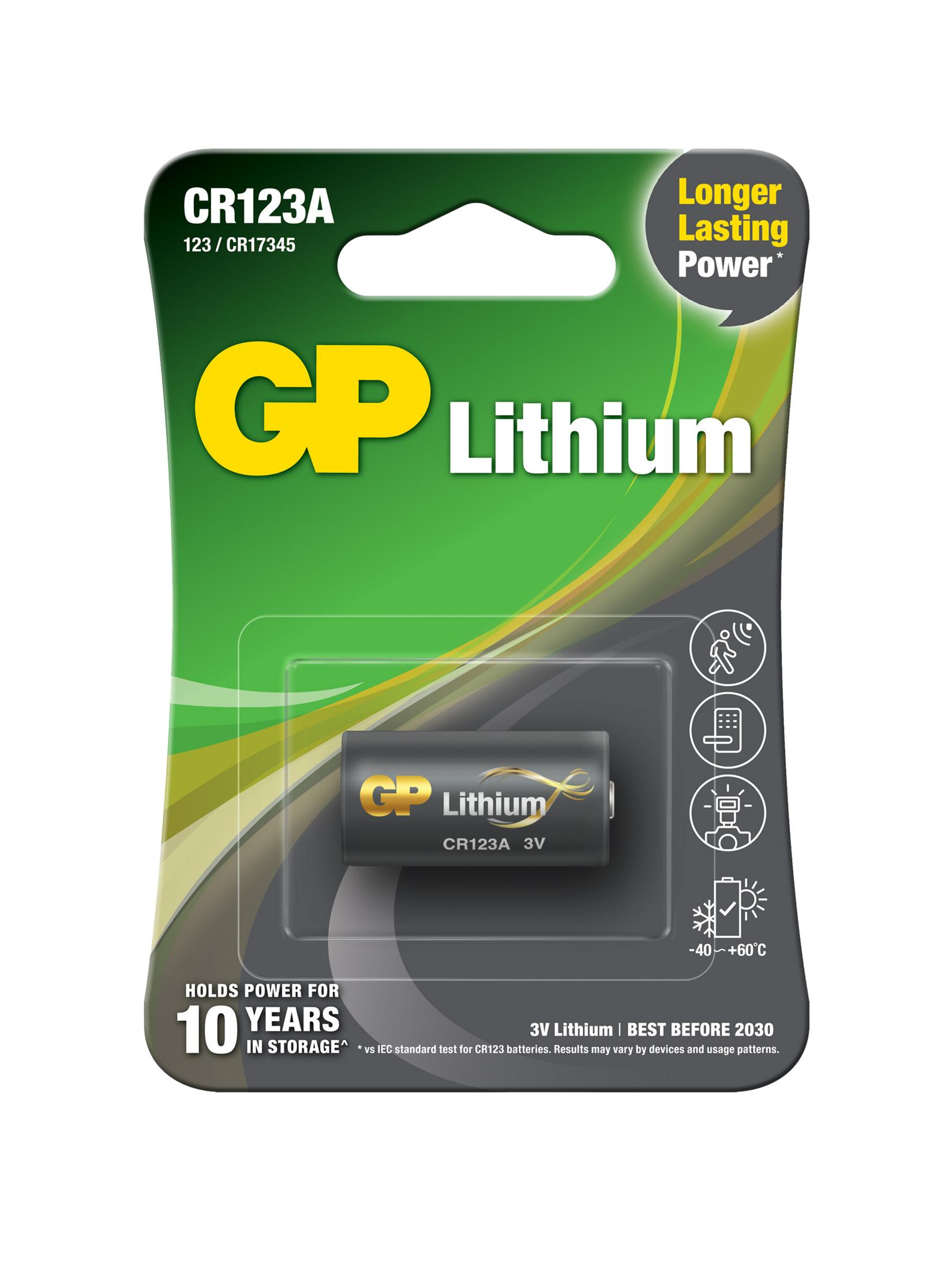 GP CR123A lithium batterij met 10 jaar opslagvermogen.