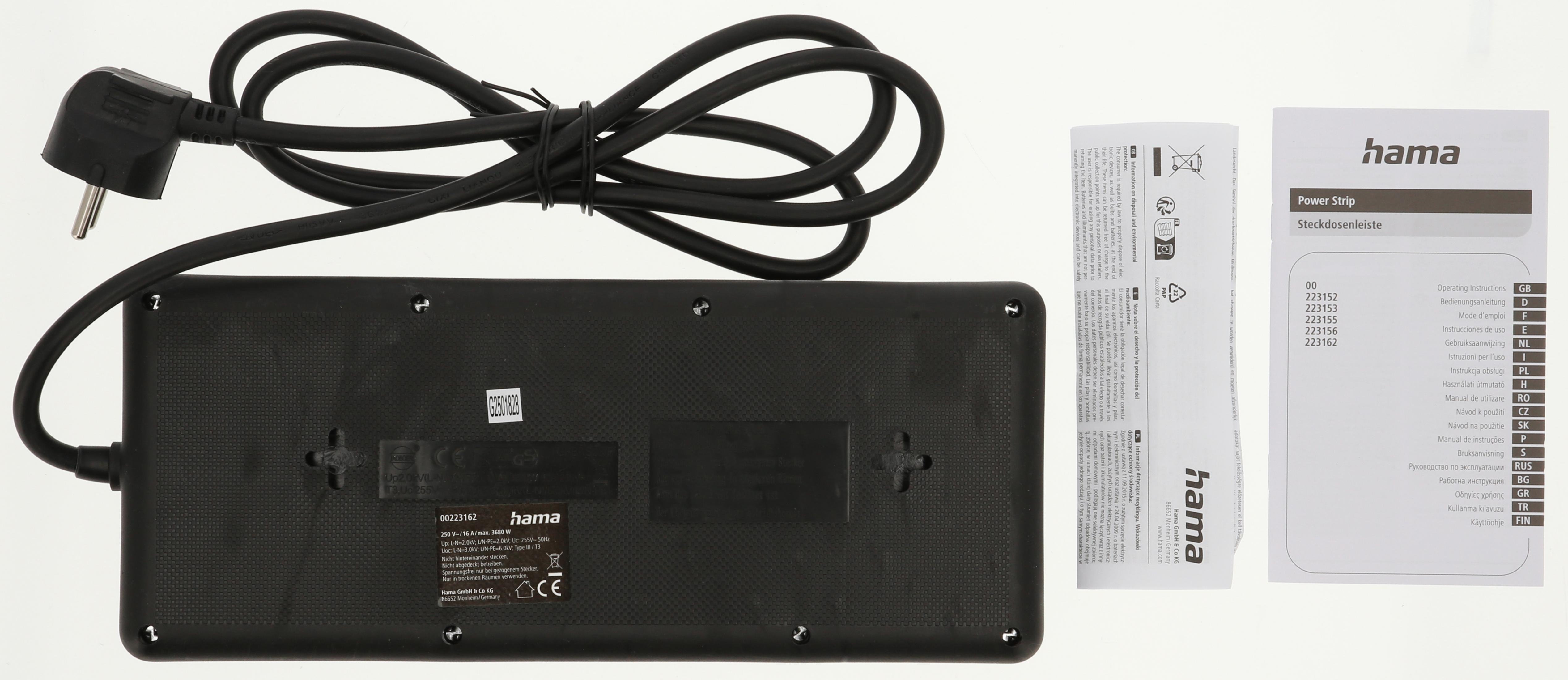 Eine schwarze Steckdosenleiste mit aufgerolltem Kabel und Stecker, daneben eine weiße Bedienungsanleitung mit 'hama'-Branding.