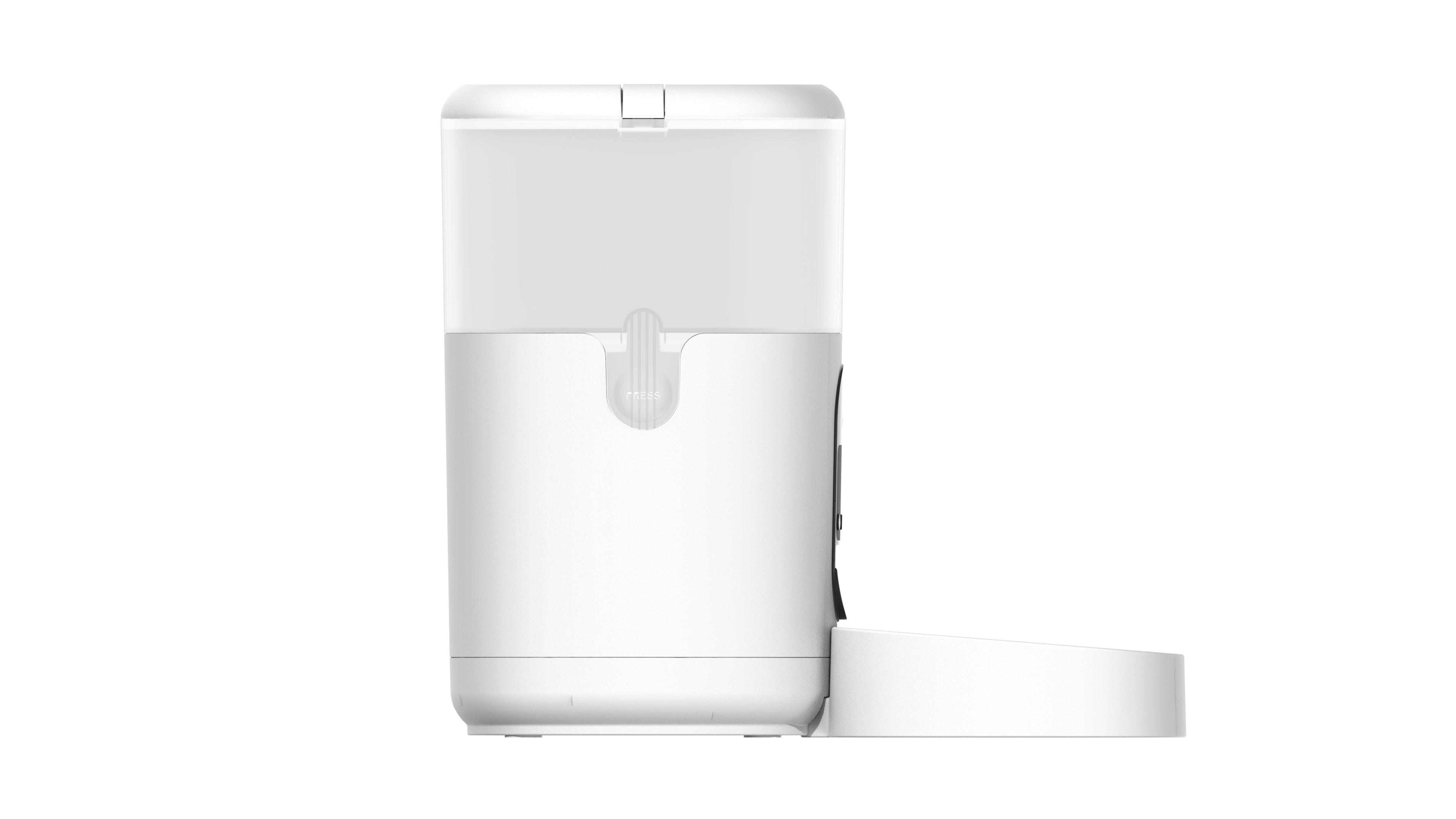 Biały automatyczny podajnik dla zwierząt z przezroczystym zbiornikiem i tacą dozującą.