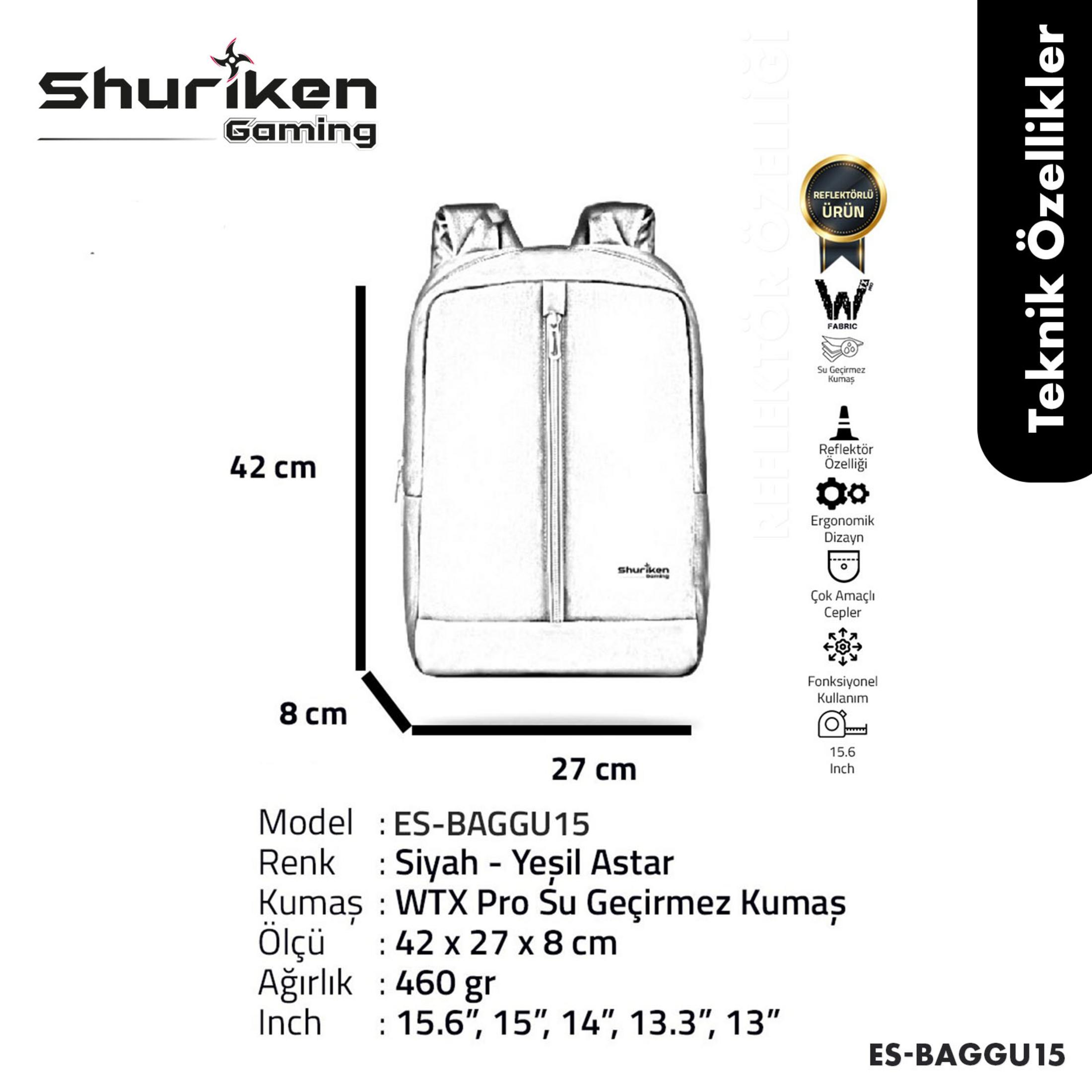 Shuriken Gaming logolu gri sırt çantası, ölçüleri 42x27x8 cm.