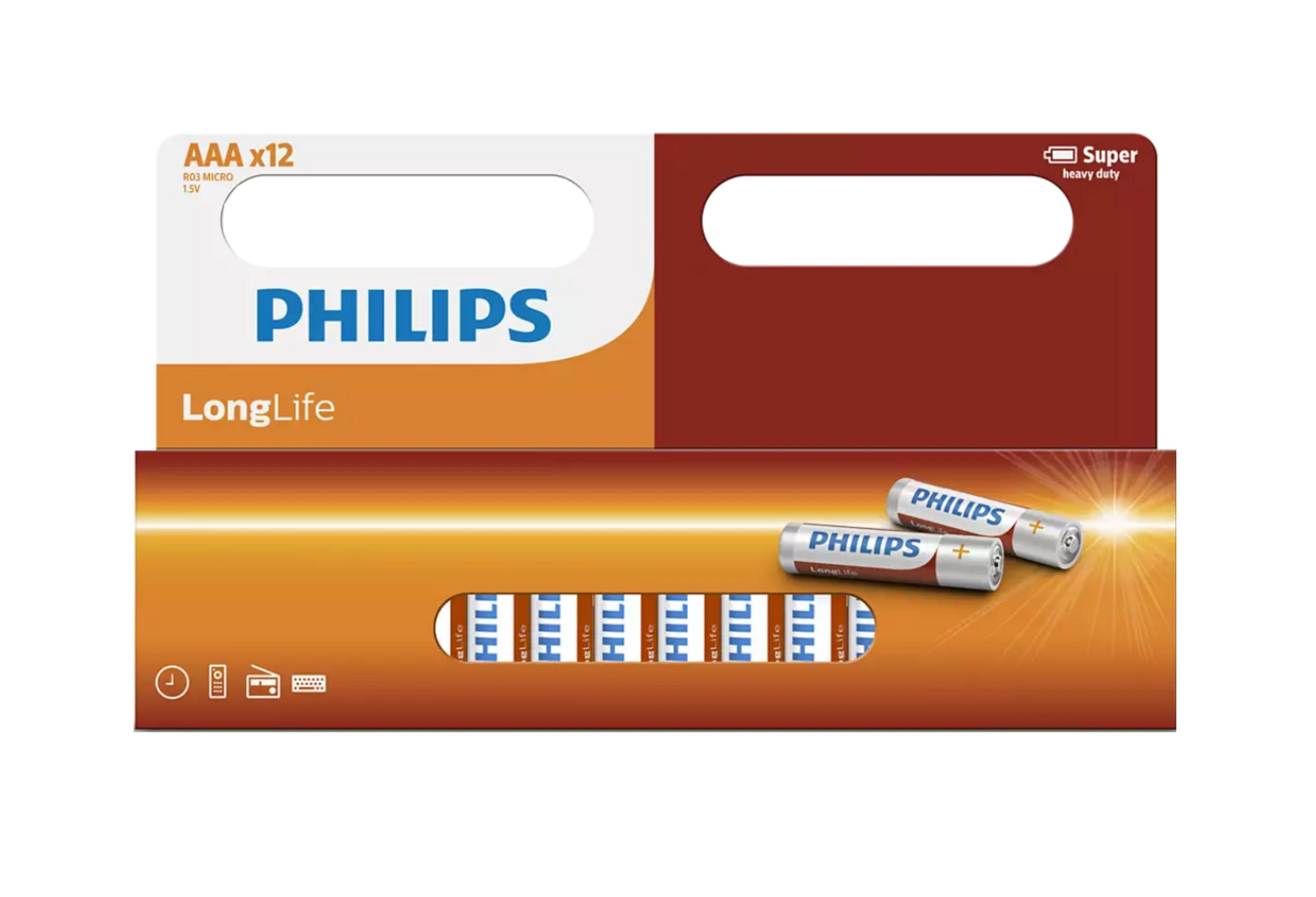 Confezione da 12 batterie AAA Philips, con 2 batterie singole mostrate.