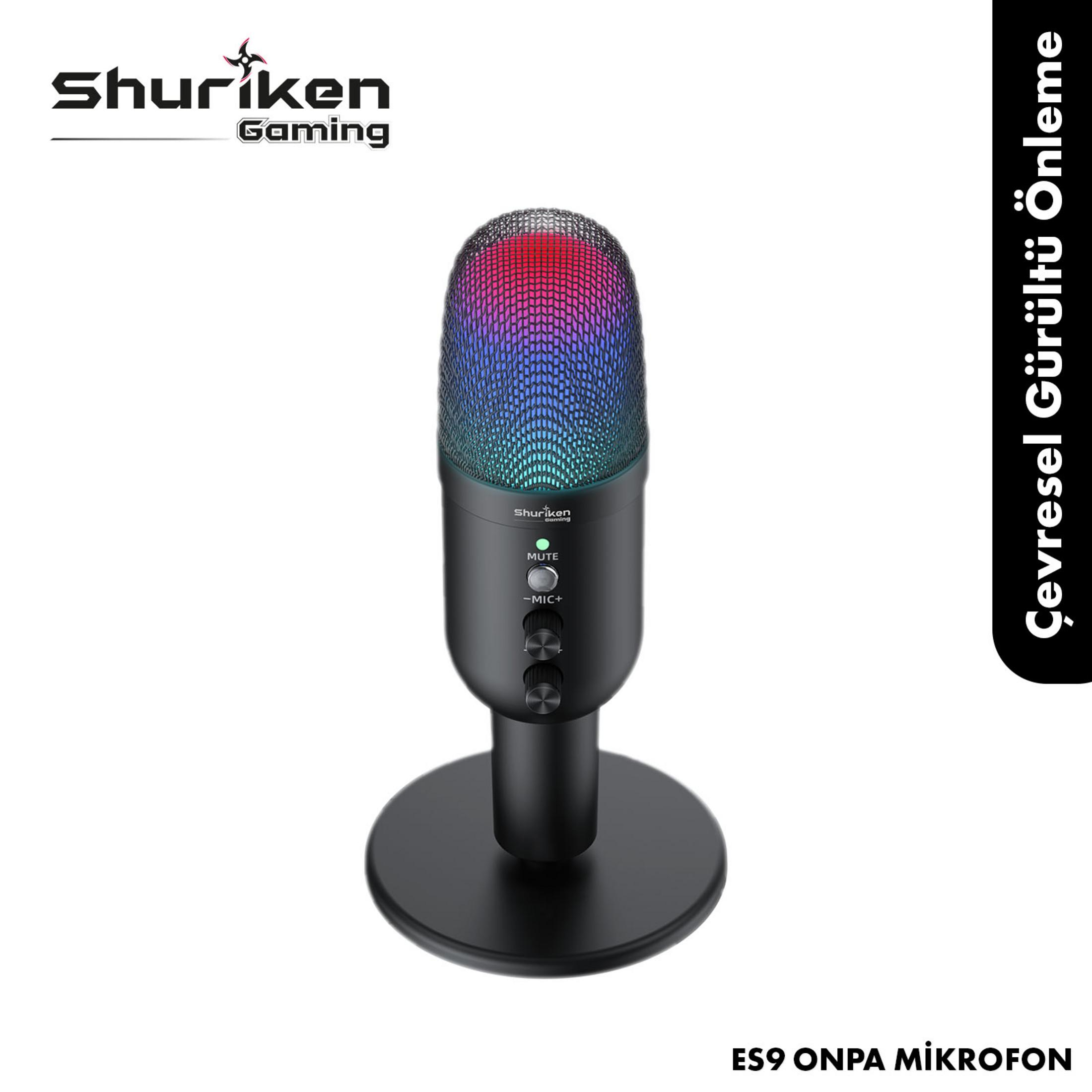 RGB aydınlatmalı ve Shuriken Gaming logolu siyah mikrofon.